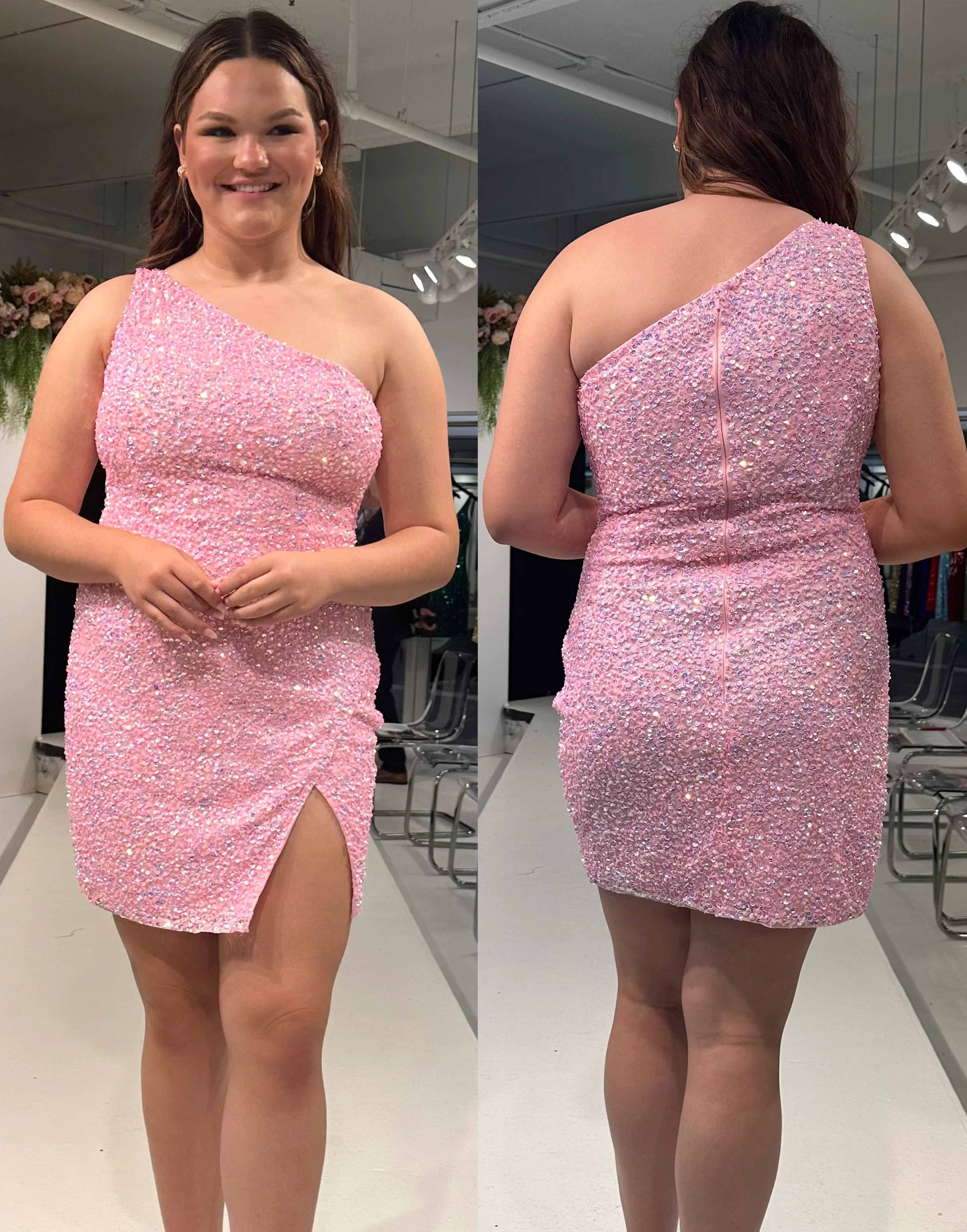 Primavera Couture 14022 Curvy Cocktail Dress One Shoulder Maxi Slit Fully Sequin Embellished Short Homecoming Cocktail Dress - Image 7