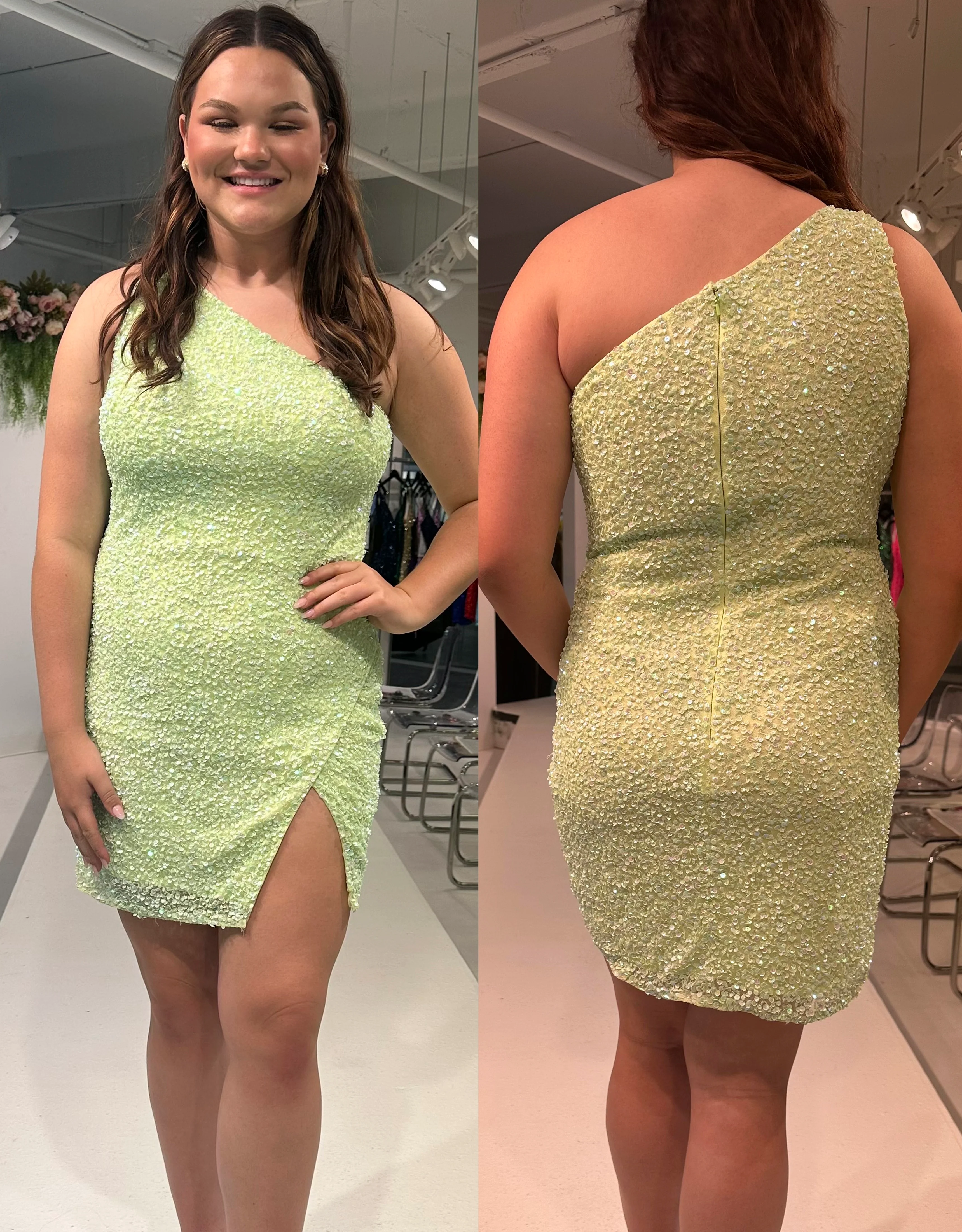Primavera Couture 14022 Curvy Cocktail Dress One Shoulder Maxi Slit Fully Sequin Embellished Short Homecoming Cocktail Dress - Image 8