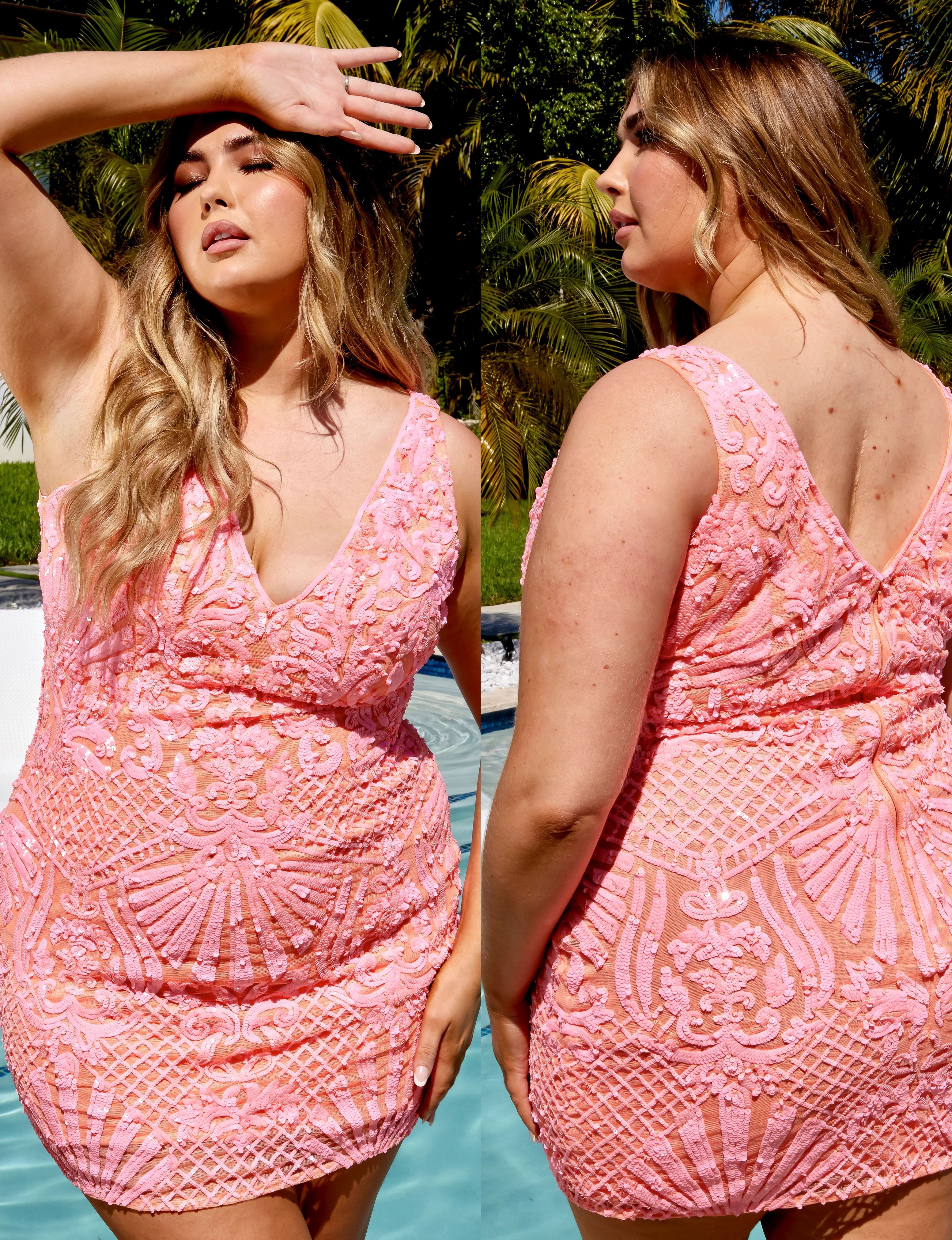 Primavera Couture 14024 Curvy Cocktail Dress V-Neck Fully Embellished Open Back Fitted Curvy Short Homecoming Cocktail Dress - Image 3