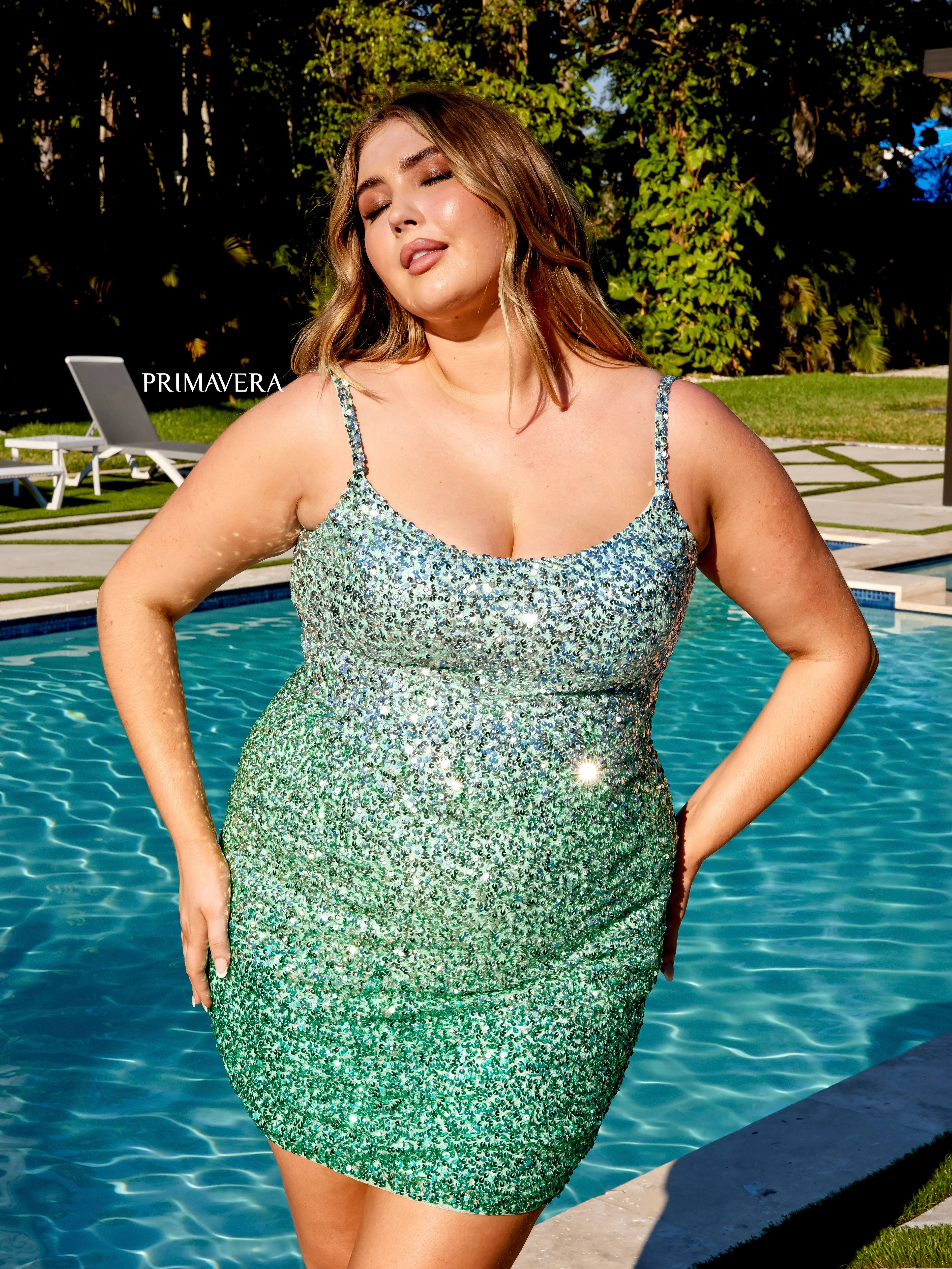 Primavera Couture 14025 Curvy Cocktail Dress Ombre Sequin Embellished Spaghetti Strap Open Tie Back Curvy Short Homecoming Cocktail Dress - Image 10
