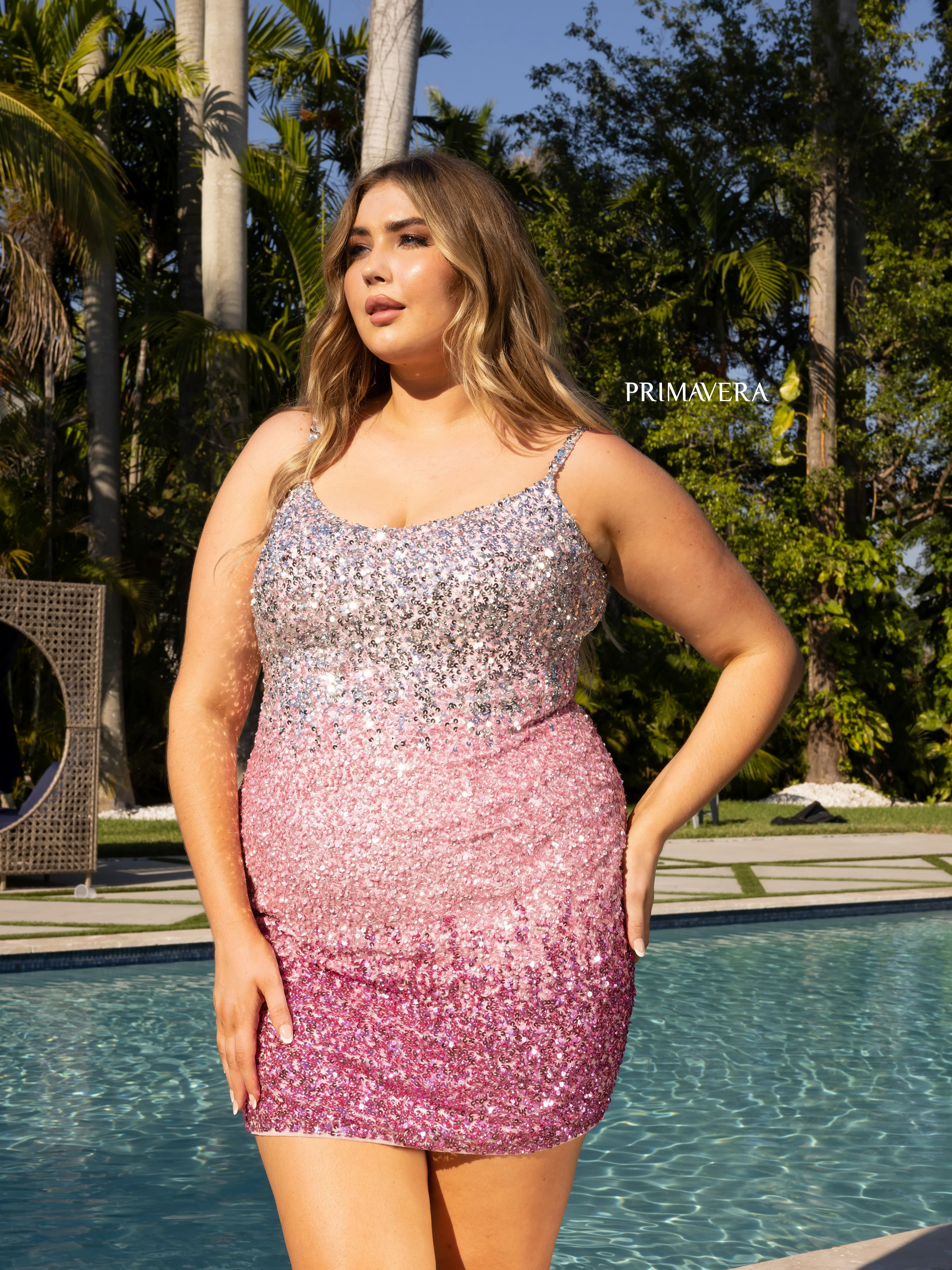 Primavera Couture 14025 Curvy Cocktail Dress Ombre Sequin Embellished Spaghetti Strap Open Tie Back Curvy Short Homecoming Cocktail Dress - Image 14