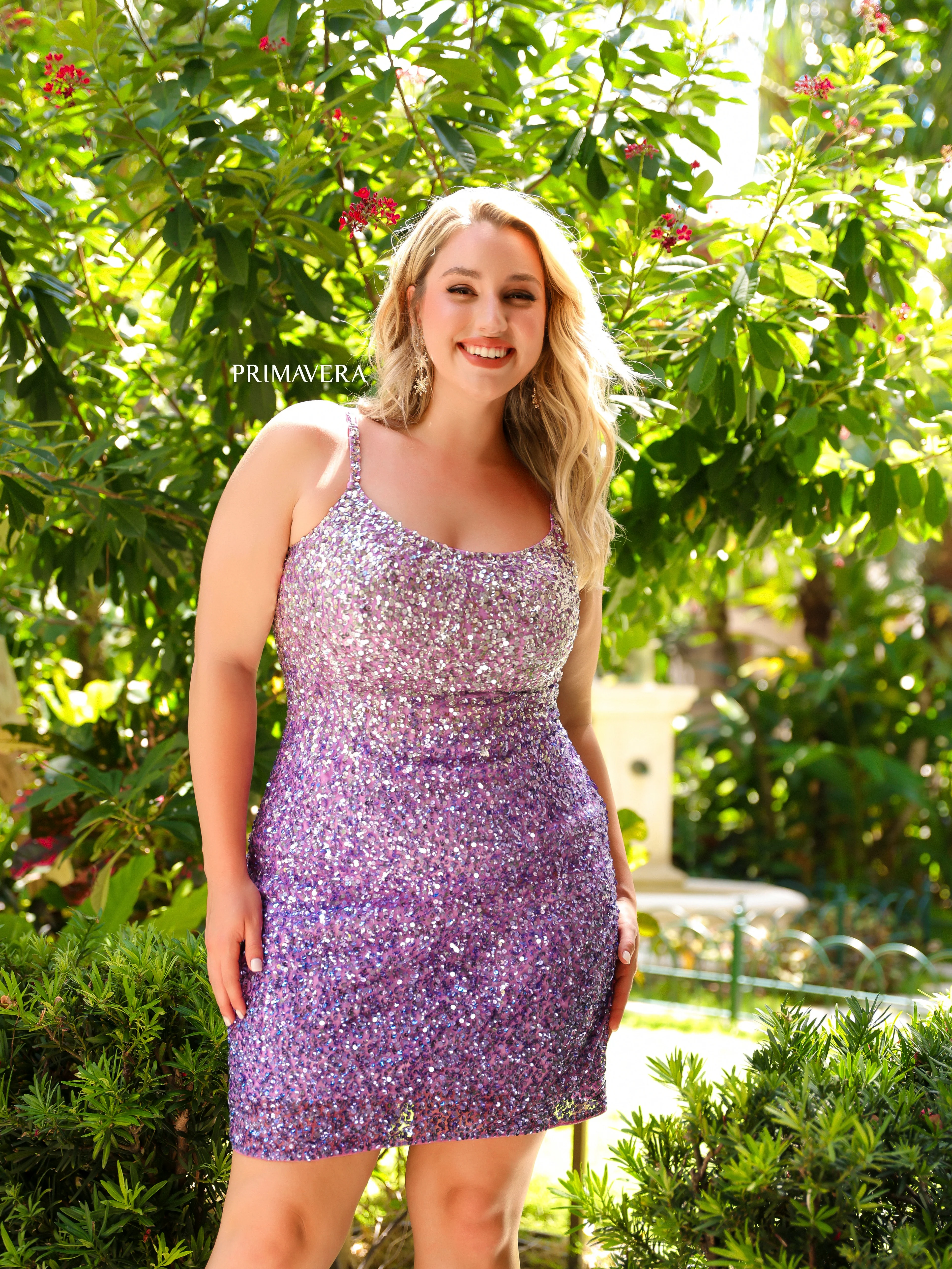 Primavera Couture 14025 Curvy Cocktail Dress Ombre Sequin Embellished Spaghetti Strap Open Tie Back Curvy Short Homecoming Cocktail Dress - Image 3