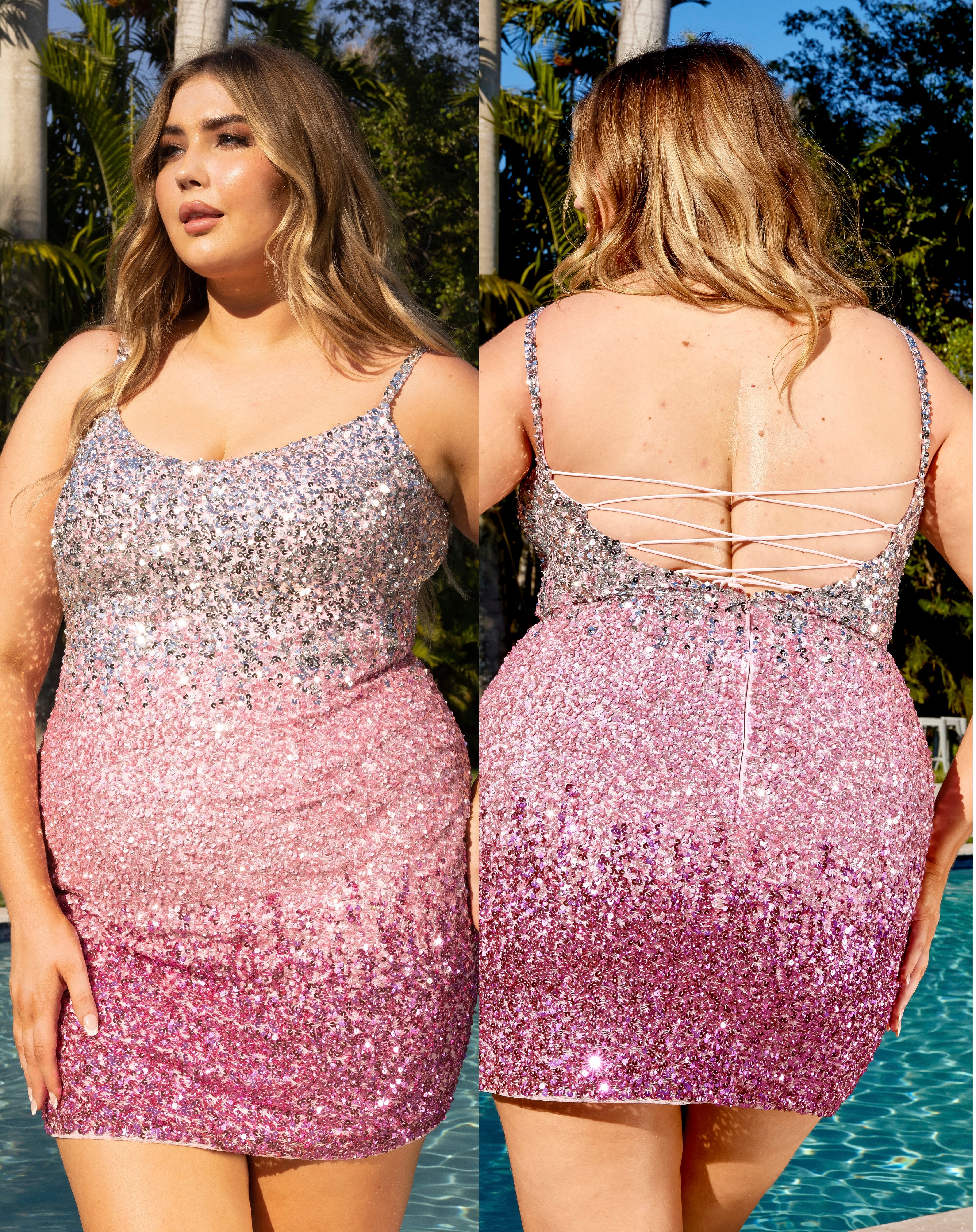 Primavera Couture 14025 Curvy Cocktail Dress Ombre Sequin Embellished Spaghetti Strap Open Tie Back Curvy Short Homecoming Cocktail Dress - Image 4