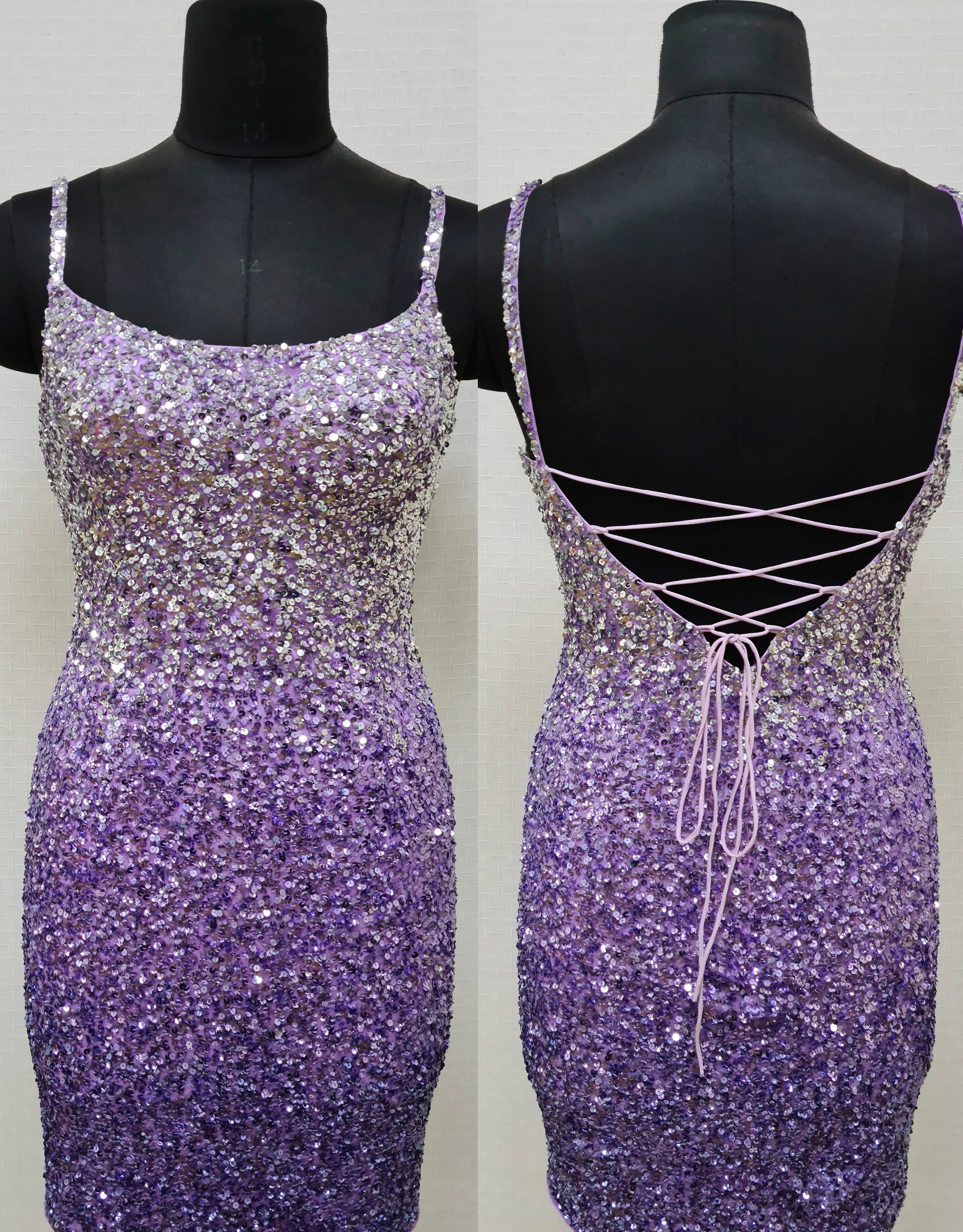 Primavera Couture 14025 Curvy Cocktail Dress Ombre Sequin Embellished Spaghetti Strap Open Tie Back Curvy Short Homecoming Cocktail Dress - Image 5