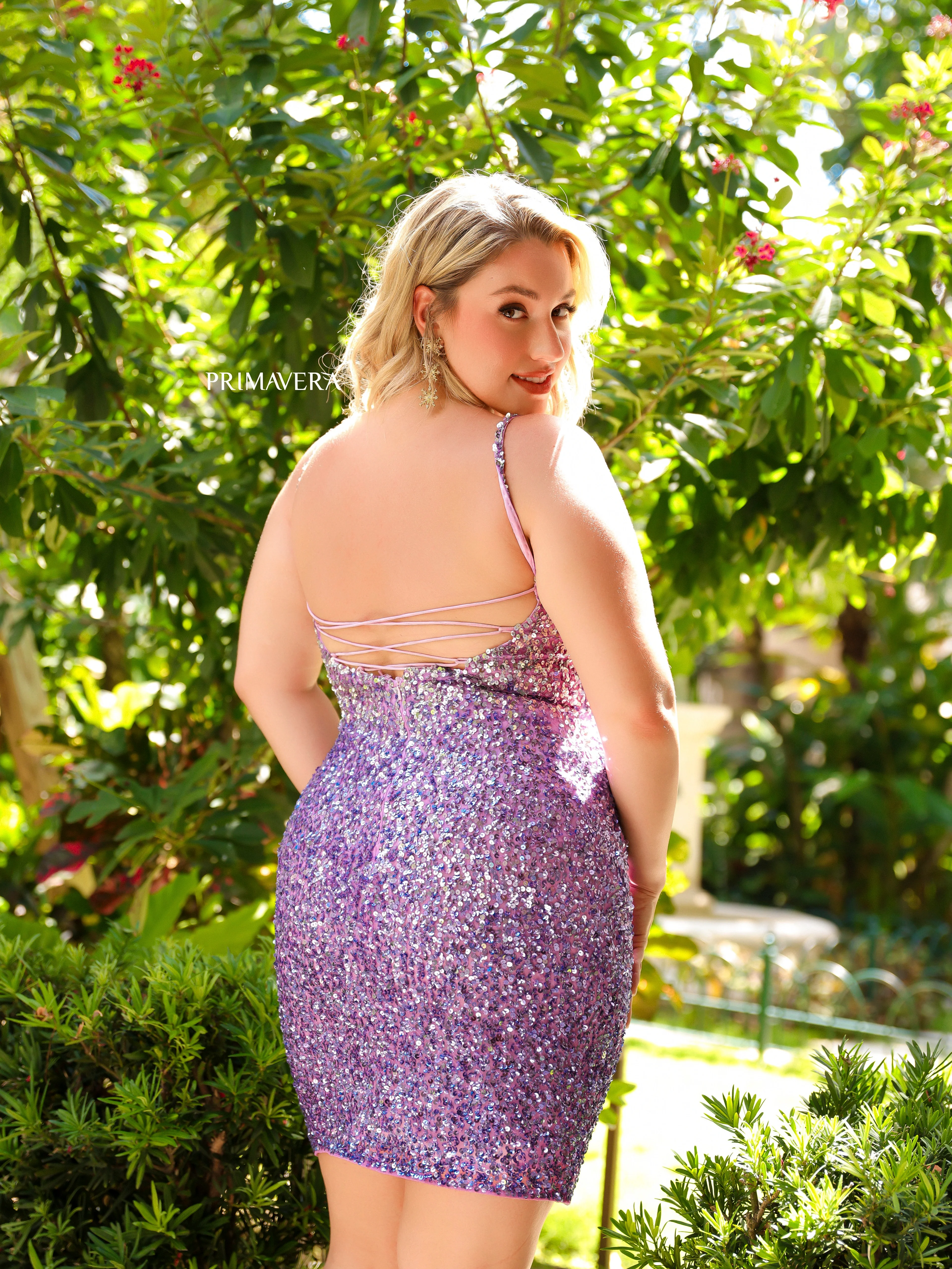 Primavera Couture 14025 Curvy Cocktail Dress Ombre Sequin Embellished Spaghetti Strap Open Tie Back Curvy Short Homecoming Cocktail Dress - Image 6
