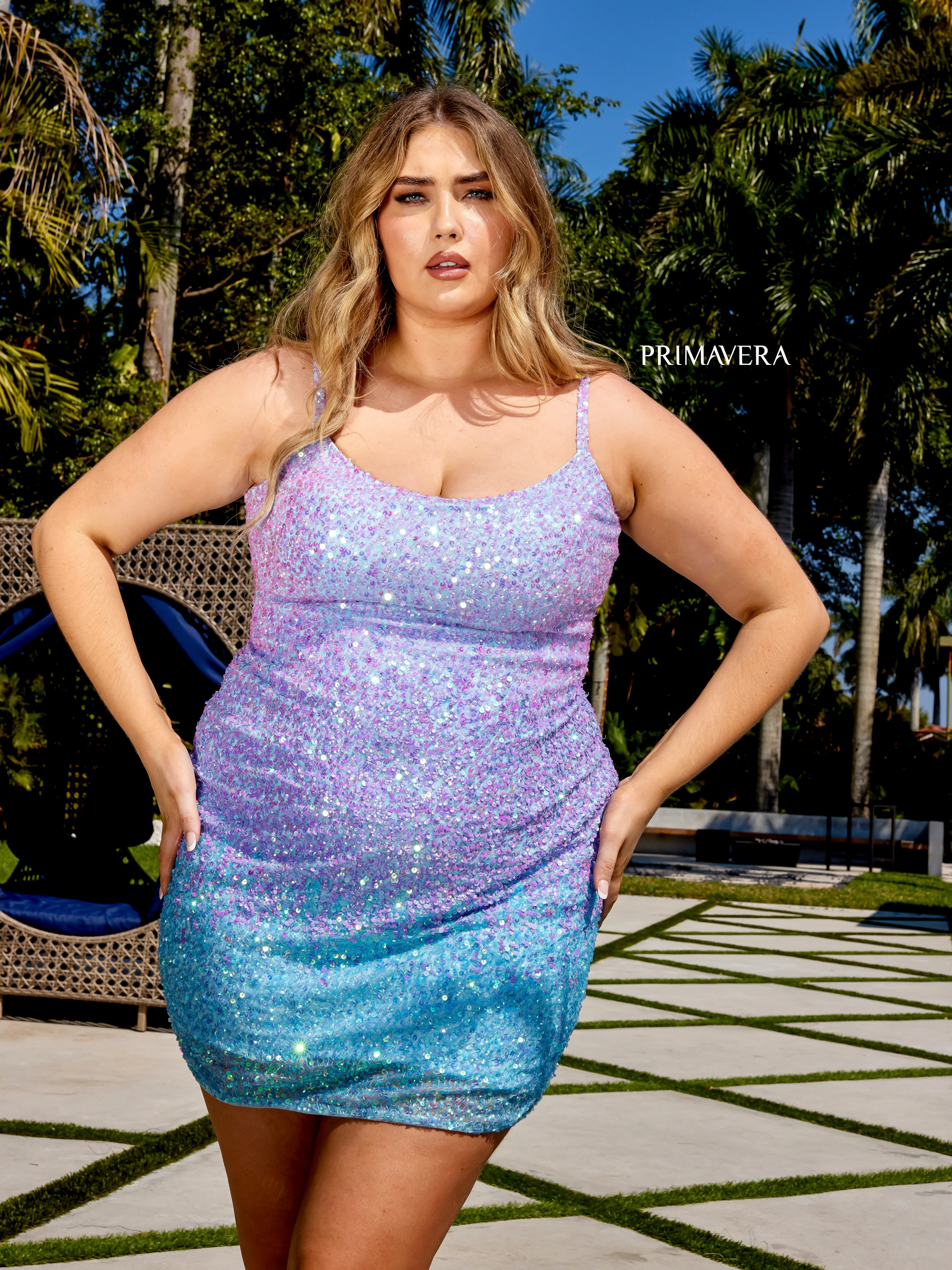 Primavera Couture 14025 Curvy Cocktail Dress Ombre Sequin Embellished Spaghetti Strap Open Tie Back Curvy Short Homecoming Cocktail Dress - Image 8