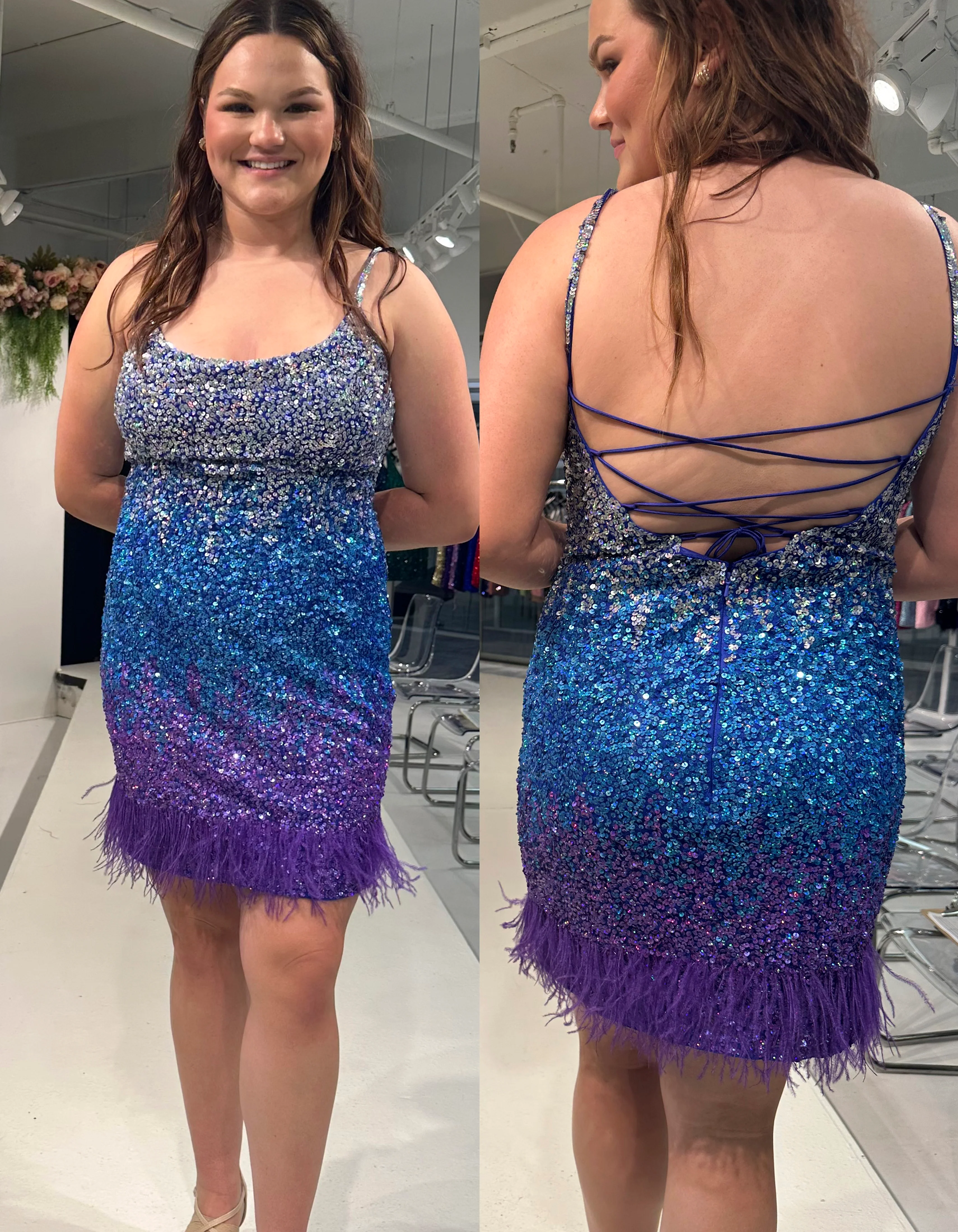 Primavera Couture 14030 Curvy Cocktail Dress Ombre Sequin Open Back Spaghetti Straps Scoop Neck Bottom Fringe Detail Curvy Homecoming Cocktail Dress - Image 4