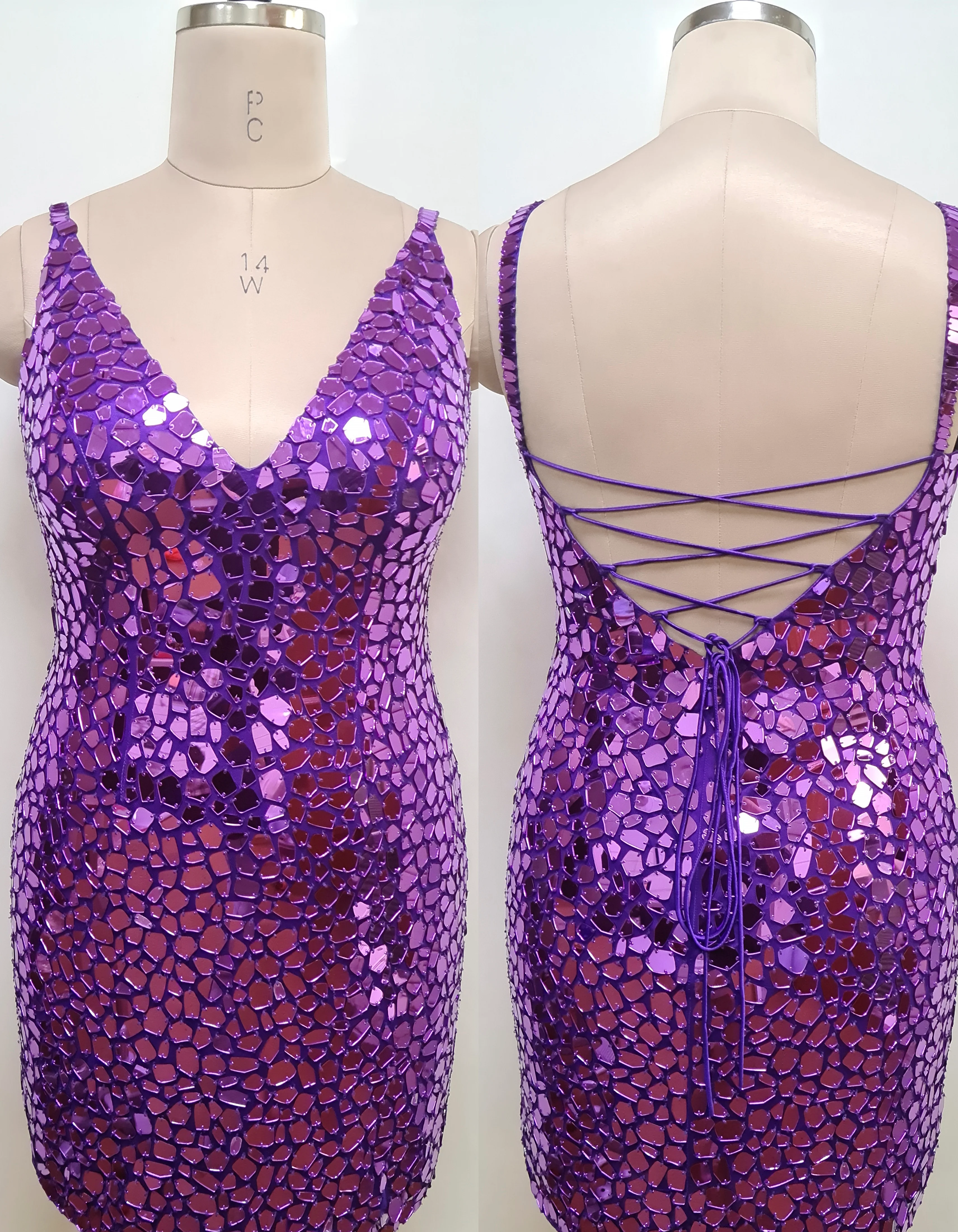 Primavera Couture 14032 Curvy Cocktail Dress Cut Glass Spaghetti Strap Open Tie Back Deep V-Neck Curvy Homecoming Cocktail Dress - Image 18