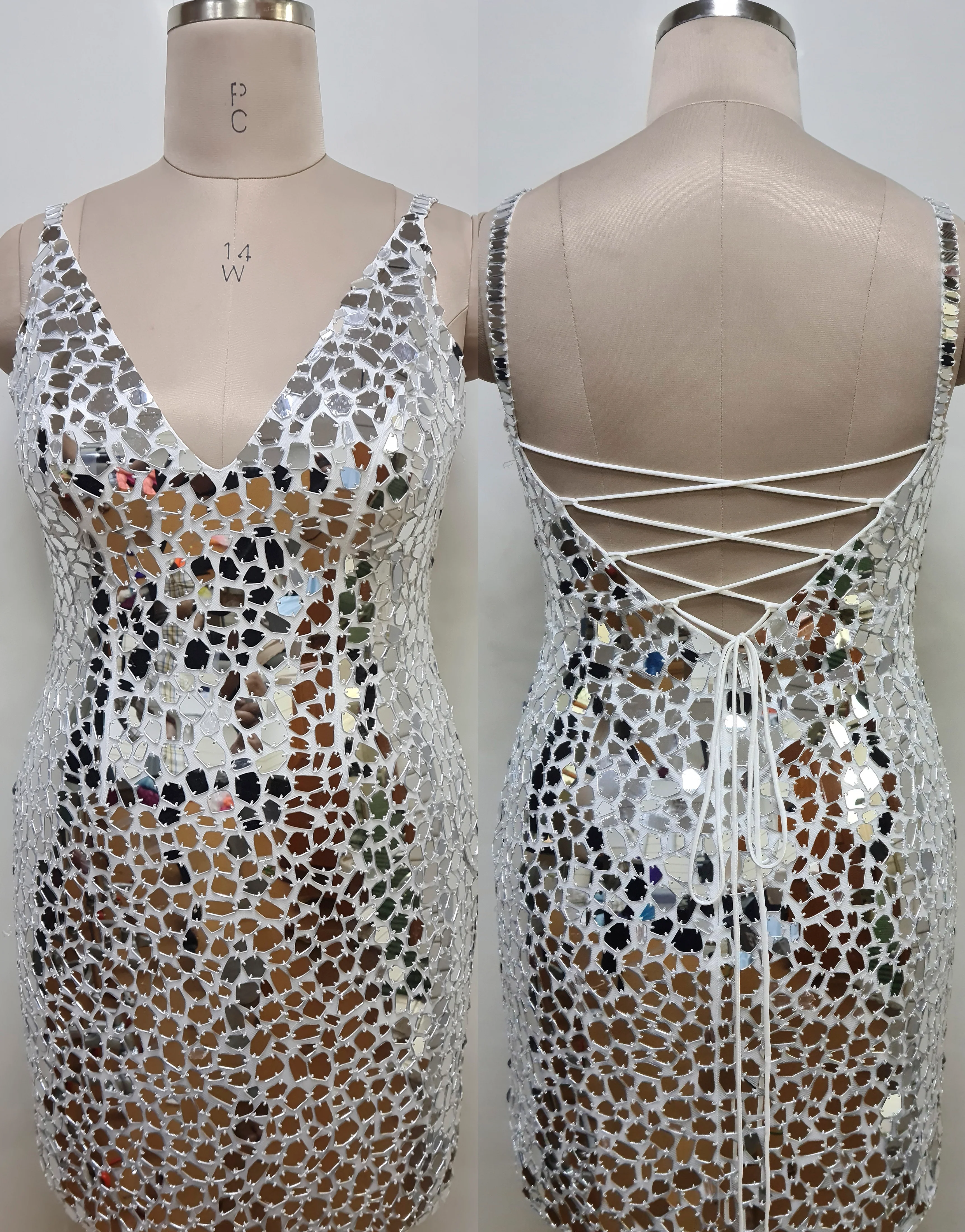 Primavera Couture 14032 Curvy Cocktail Dress Cut Glass Spaghetti Strap Open Tie Back Deep V-Neck Curvy Homecoming Cocktail Dress - Image 19