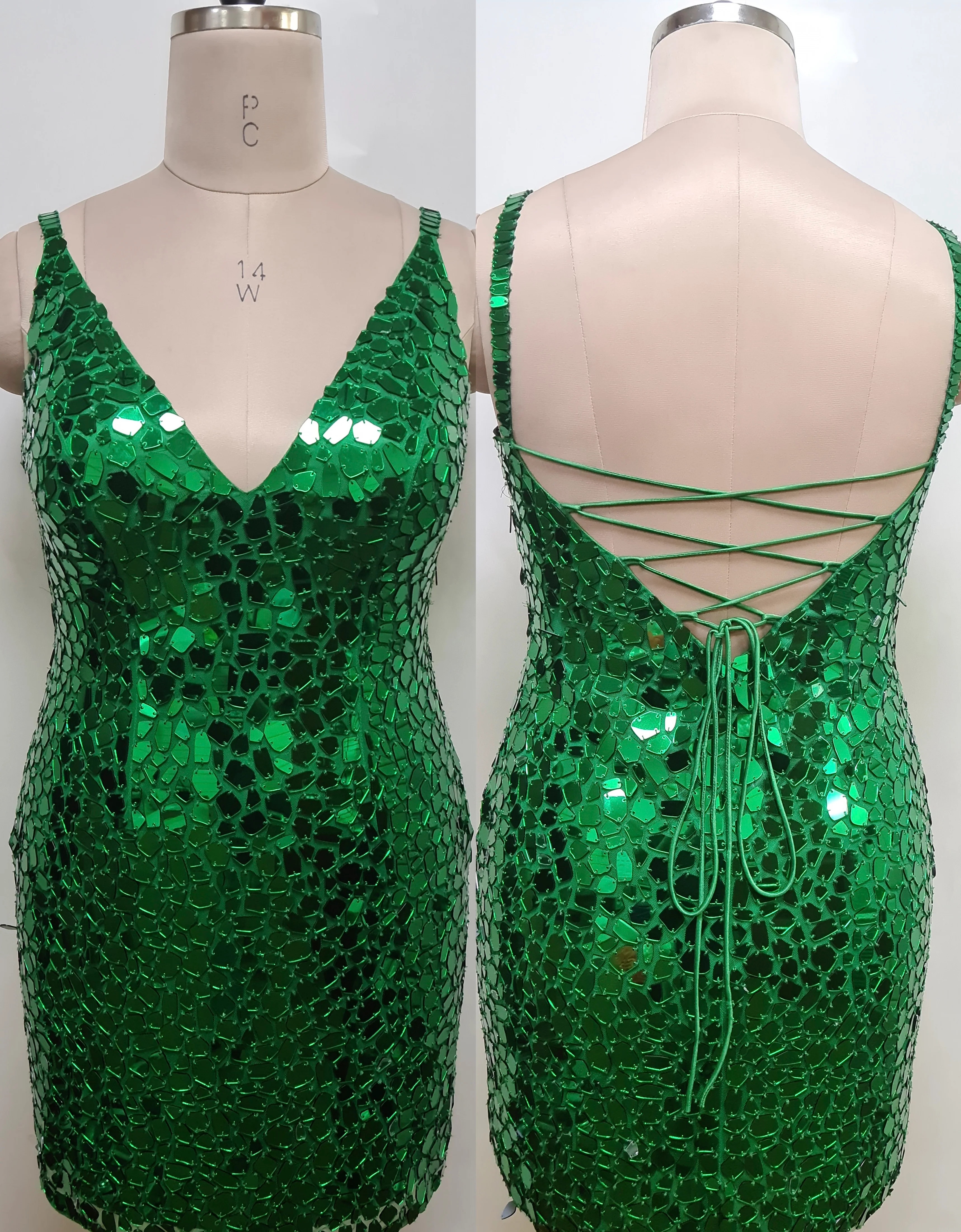 Primavera Couture 14032 Curvy Cocktail Dress Cut Glass Spaghetti Strap Open Tie Back Deep V-Neck Curvy Homecoming Cocktail Dress - Image 20
