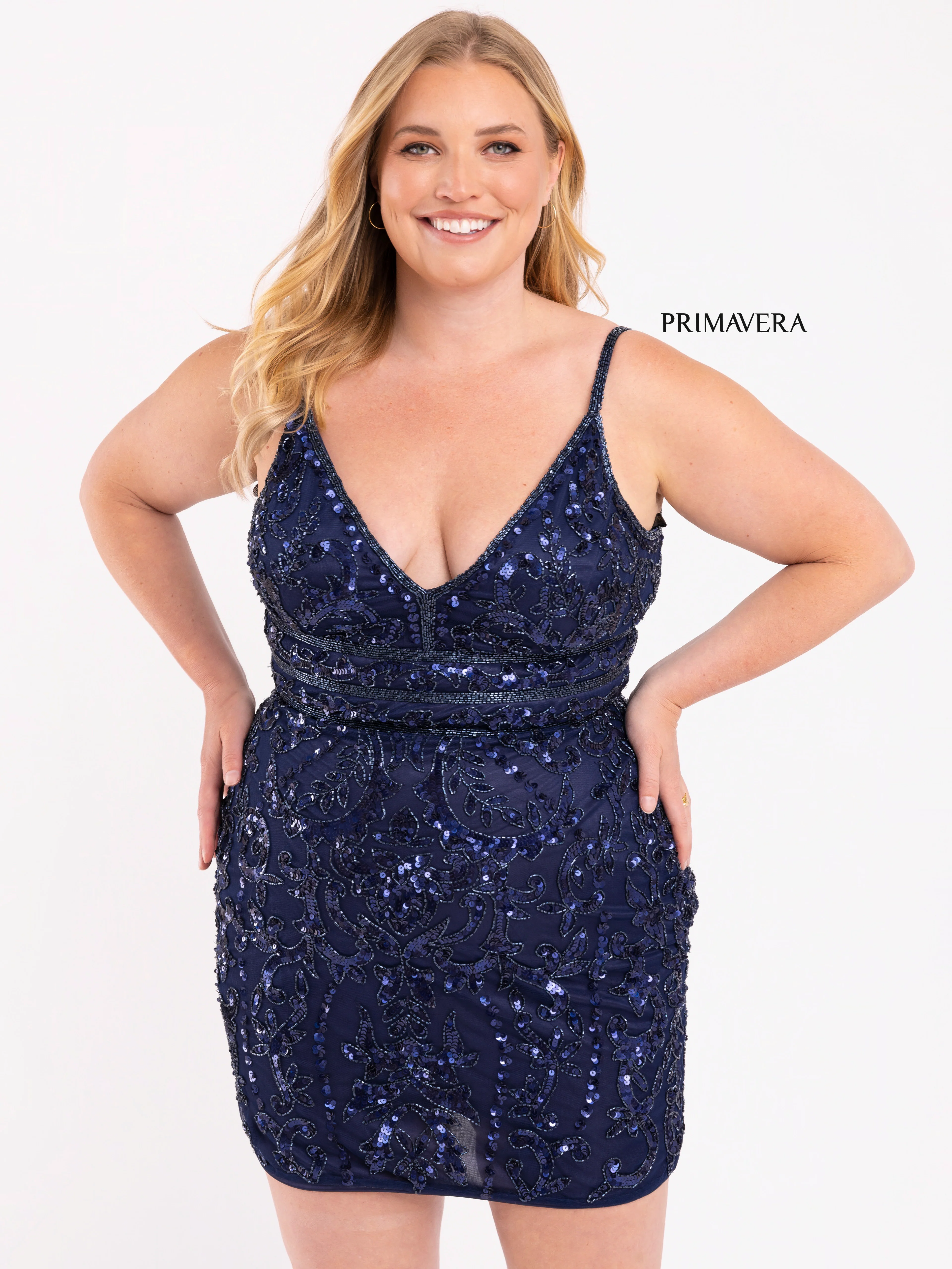 Primavera Couture 14035 Curvy Cocktail Dress Sequin Embellished Beaded Belt V-Neck Curvy Short Homecoming Cocktail Dress - Image 11
