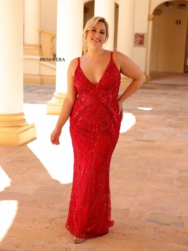 Primavera Couture 14044 Long Prom Dress Plus Size Corset Sequin Plunging Neckline Fitted Formal Gown