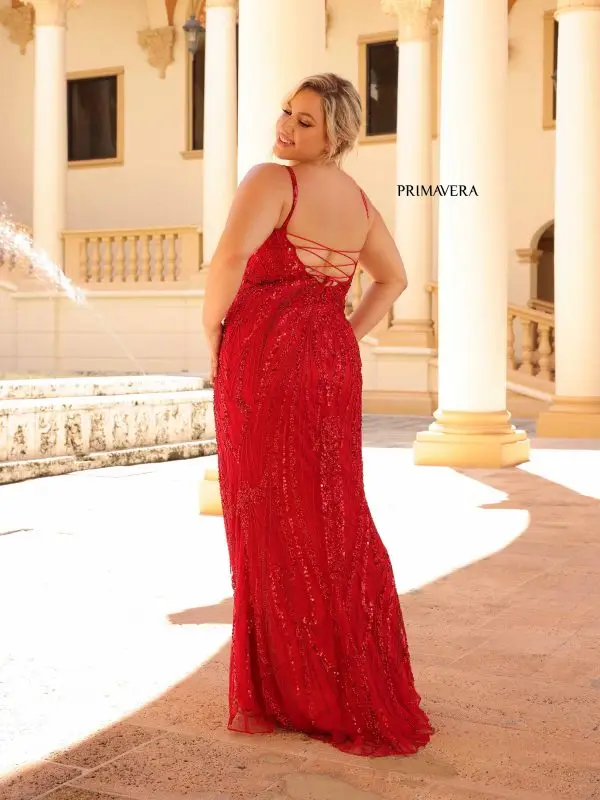 Primavera Couture 14044 Long Prom Dress Plus Size Corset Sequin Plunging Neckline Fitted Formal Gown - Image 7