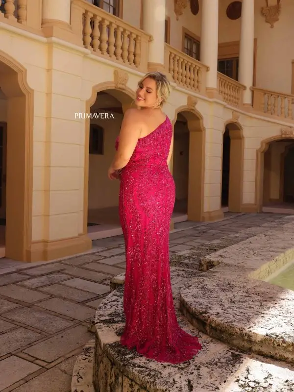 Primavera Couture 14047 Plus Size Sequin Prom Dress One Shoulder Fringe Pageant Gown - Image 4