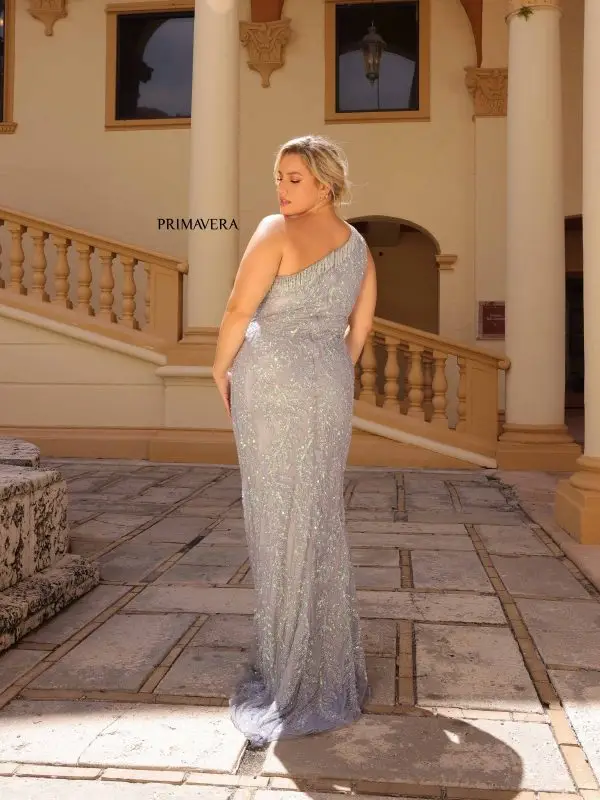Primavera Couture 14047 Size 16W Platinum Plus Size Sequin Prom Dress One Shoulder Fringe Pageant Gown - Image 2
