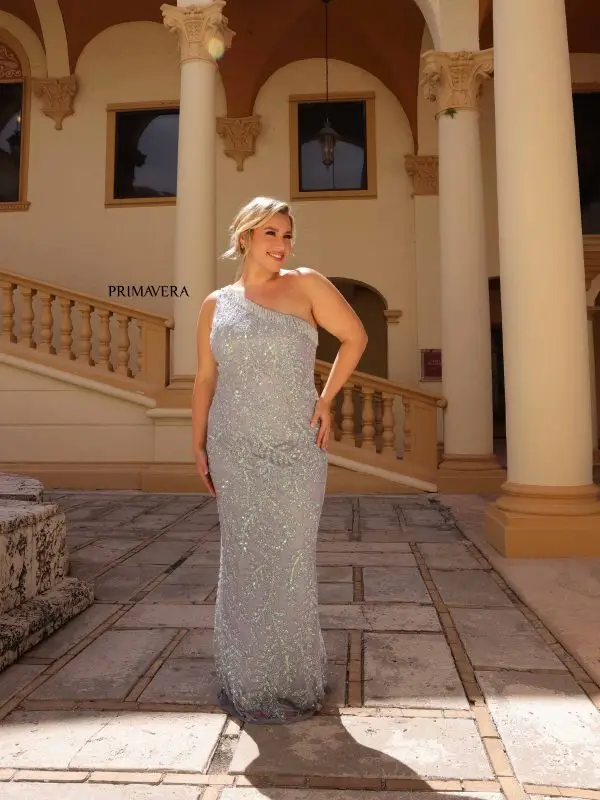 Primavera Couture 14047 Size 16W Platinum Plus Size Sequin Prom Dress One Shoulder Fringe Pageant Gown - Image 3