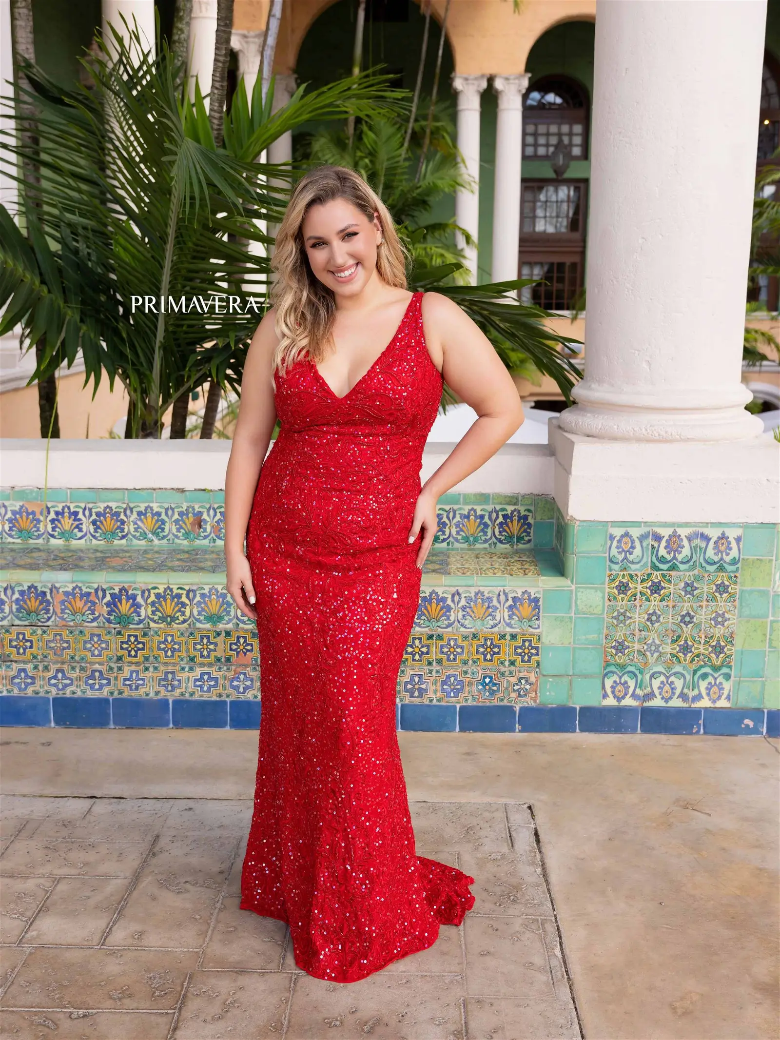 Primavera Couture 14048 Long Prom Dress Plus Size Fitted Sequin V Neck Formal Gown