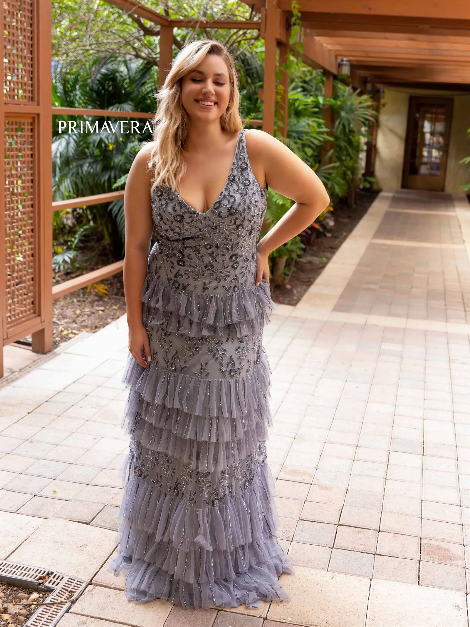Primavera Couture 14052 Long Prom Dress Plus Size Sequin Fitted Tiered Skirt Formal Gown - Image 2
