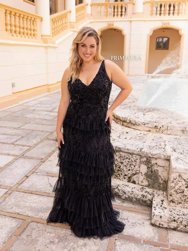 Primavera Couture 14052 Long Prom Dress Plus Size Sequin Fitted Tiered Skirt Formal Gown - Image 3