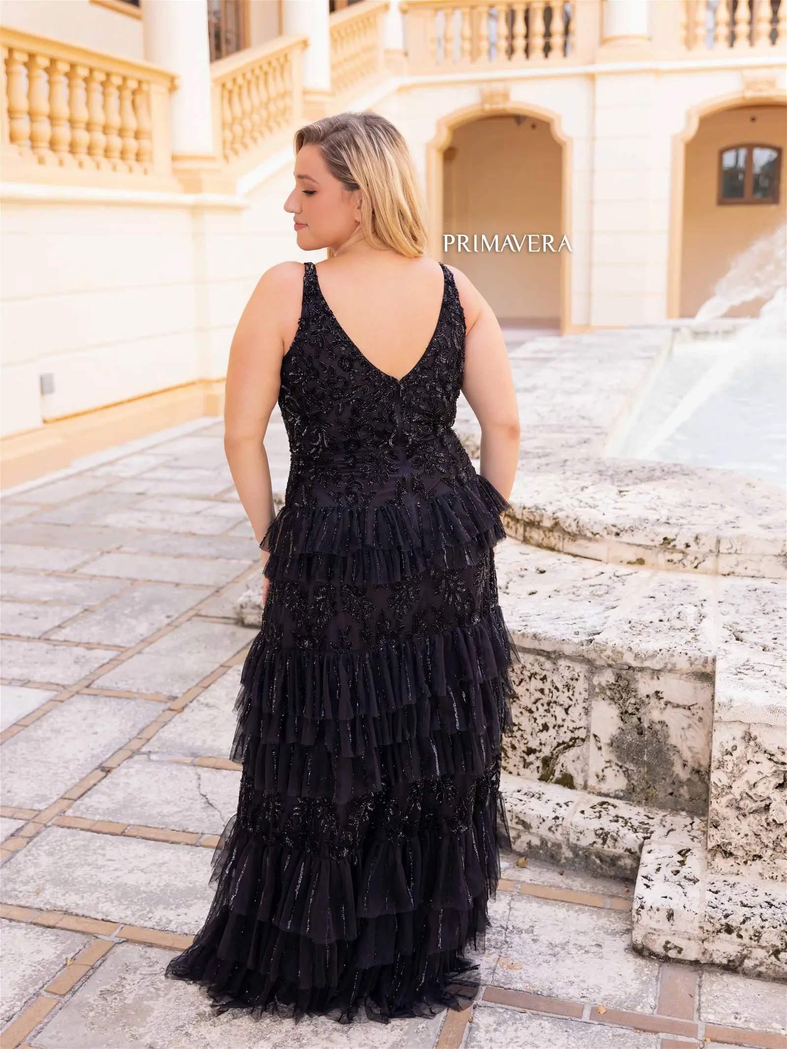 Primavera Couture 14052 Long Prom Dress Plus Size Sequin Fitted Tiered Skirt Formal Gown - Image 5