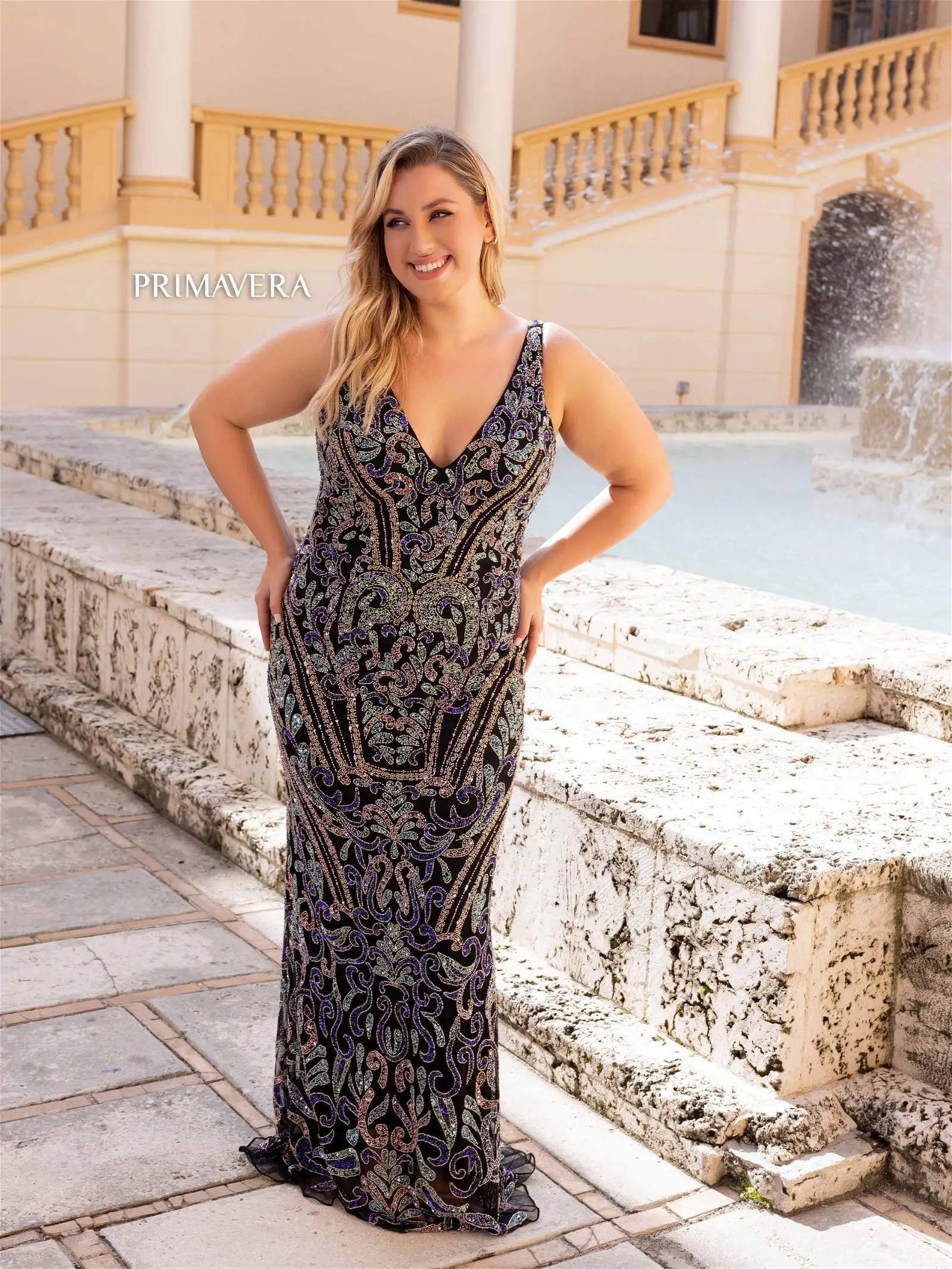 Primavera Couture 14053 Long Prom Dress Plus Size V Neck Sequin Fitted Formal Gown - Image 2