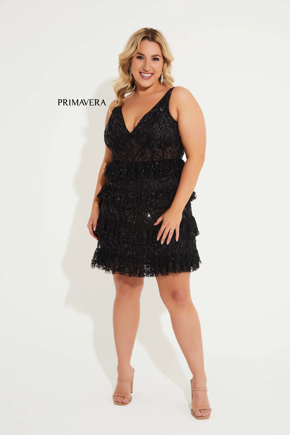 Primavera Couture 14063 Ruffle Skirt Cocktail Dress Curvy V Neckline Sequins - Image 8