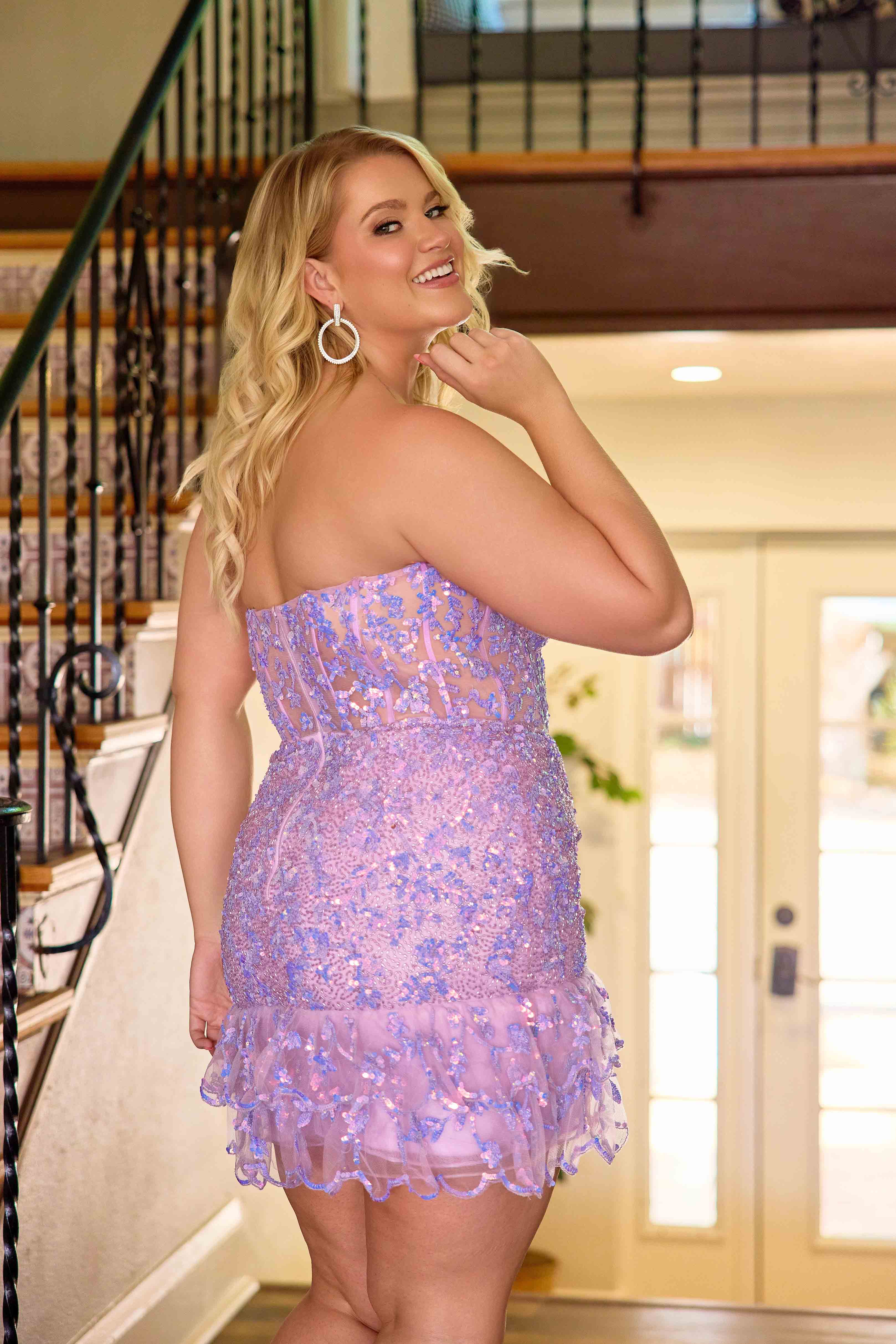 Primavera Couture 14089 Sequin Ruffle Homecoming Dress Plus Size Sheer Corset Cocktail Gown - Image 9