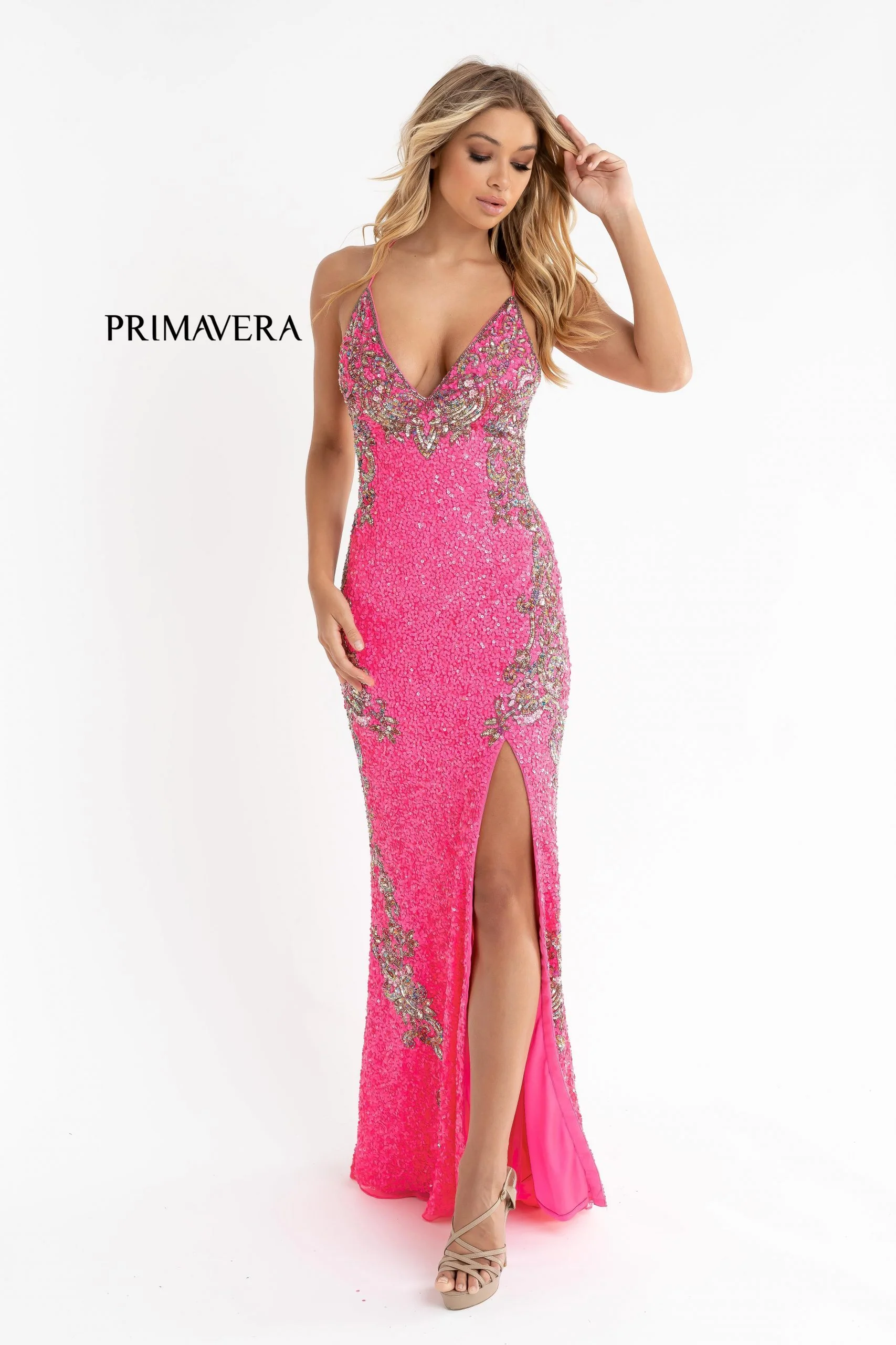 Primavera Couture 3211 Neon Pink Size 10 Sequin Prom Dress Pageant Gown Evening Formal Wear Side Slit - Image 4