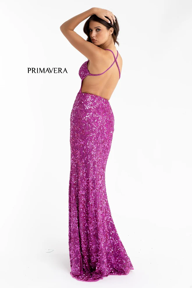 Primavera couture 3295 Size 2  Fuchsia Prom Dress Sequins V Neckline Backless Slit - Image 2