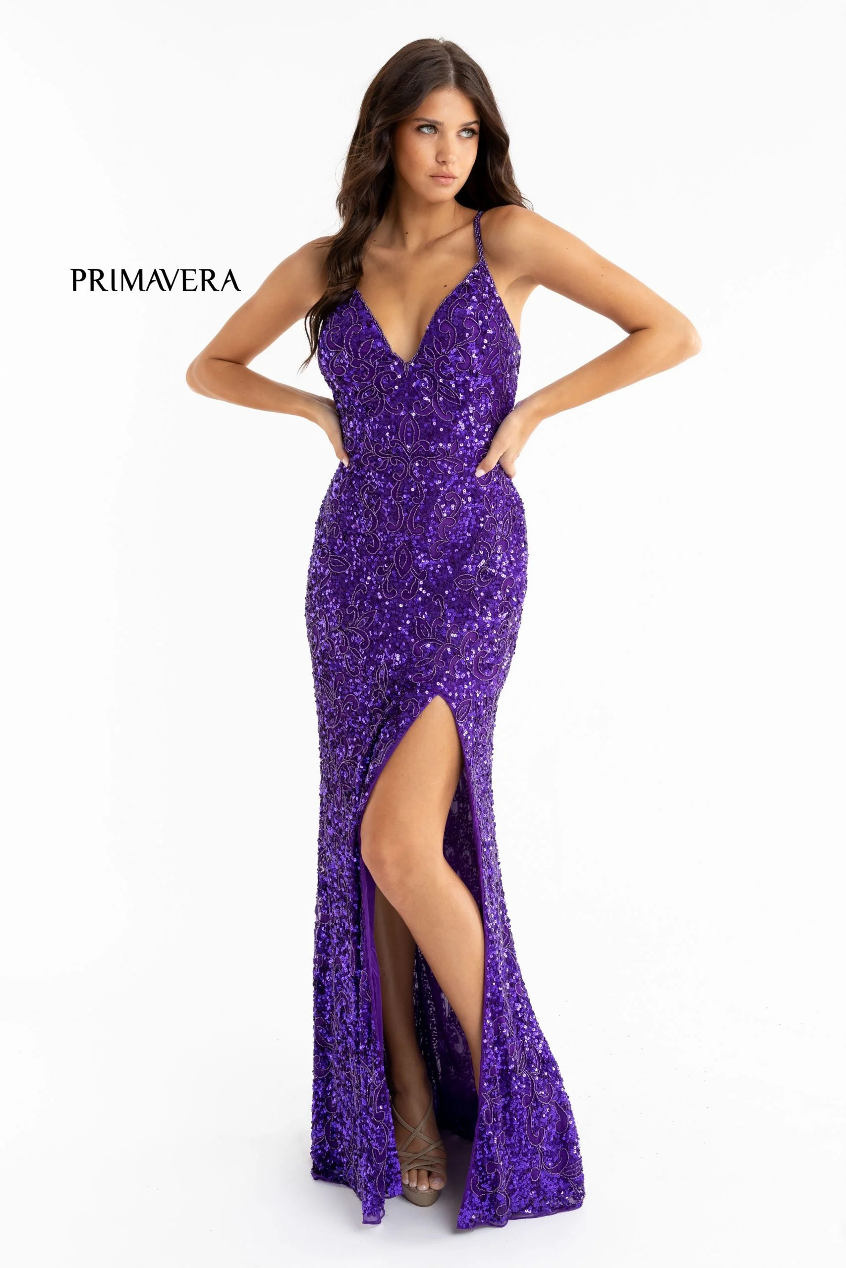 Primavera Couture 3295 Prom Dress V Neckline Sequins Backless Slit Formal Evening Gown - Image 12