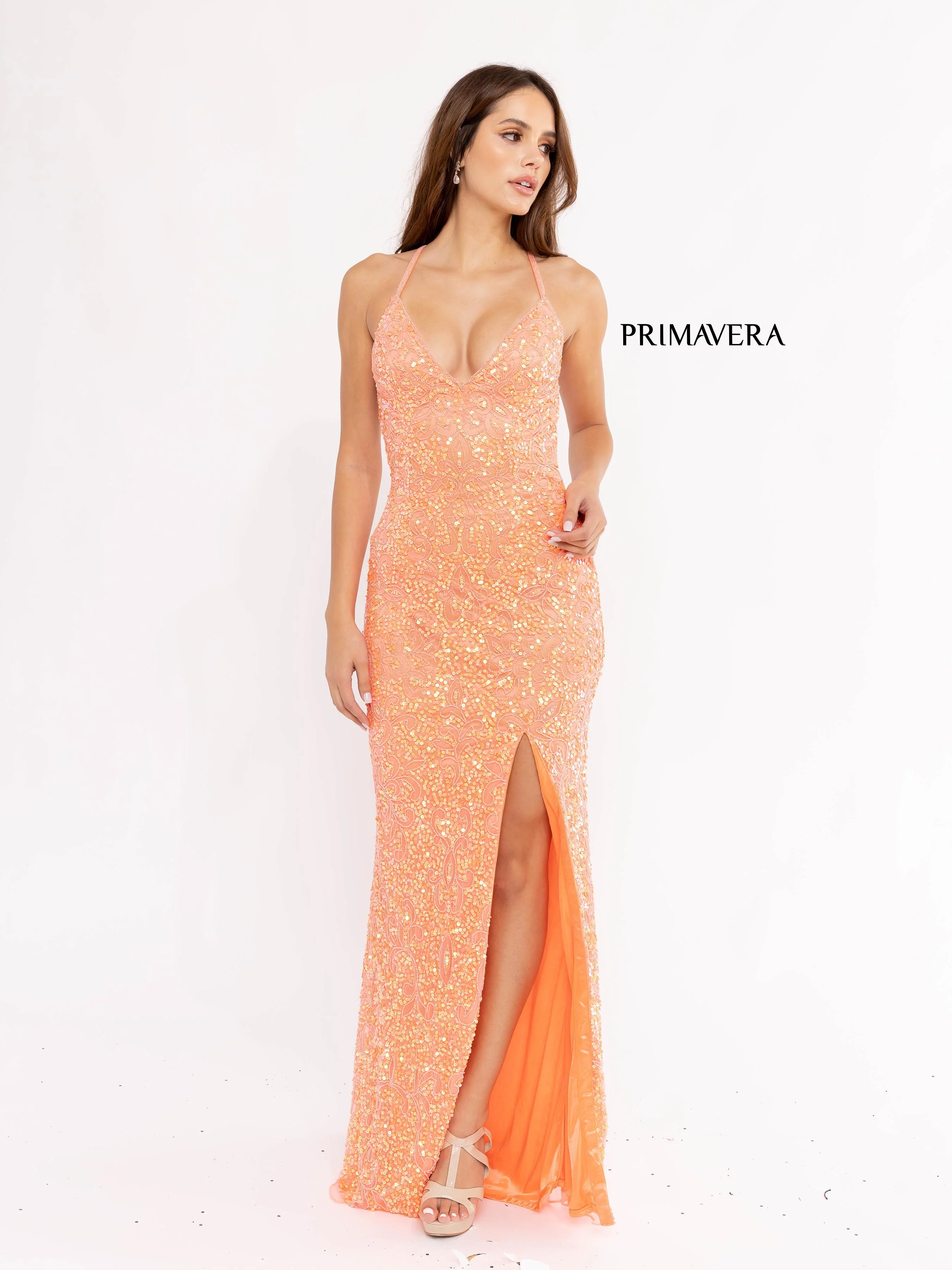 Primavera Couture 3295 Prom Dress V Neckline Sequins Backless Slit Formal Evening Gown - Image 4