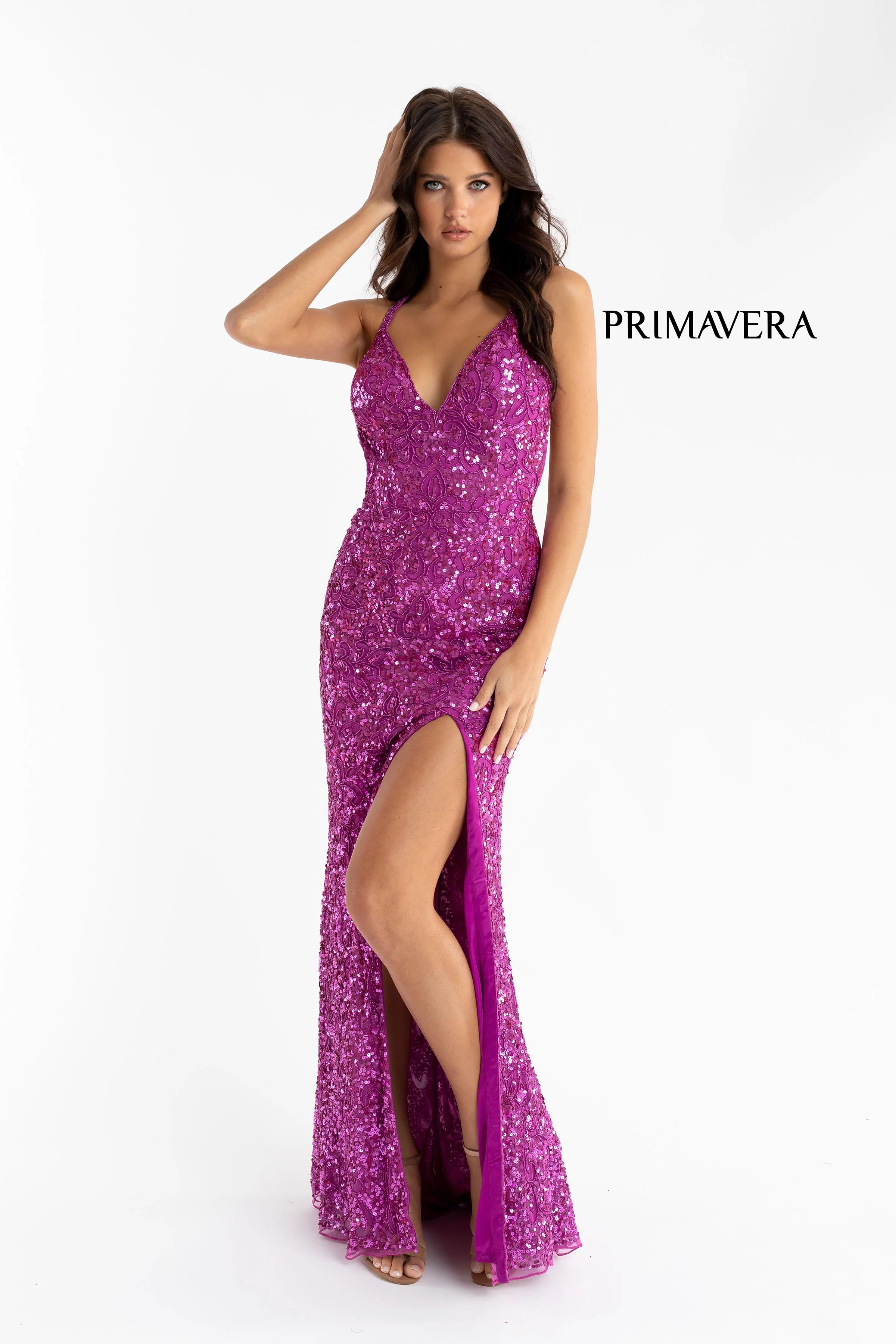 Primavera Couture 3295 Prom Dress V Neckline Sequins Backless Slit Formal Evening Gown - Image 63