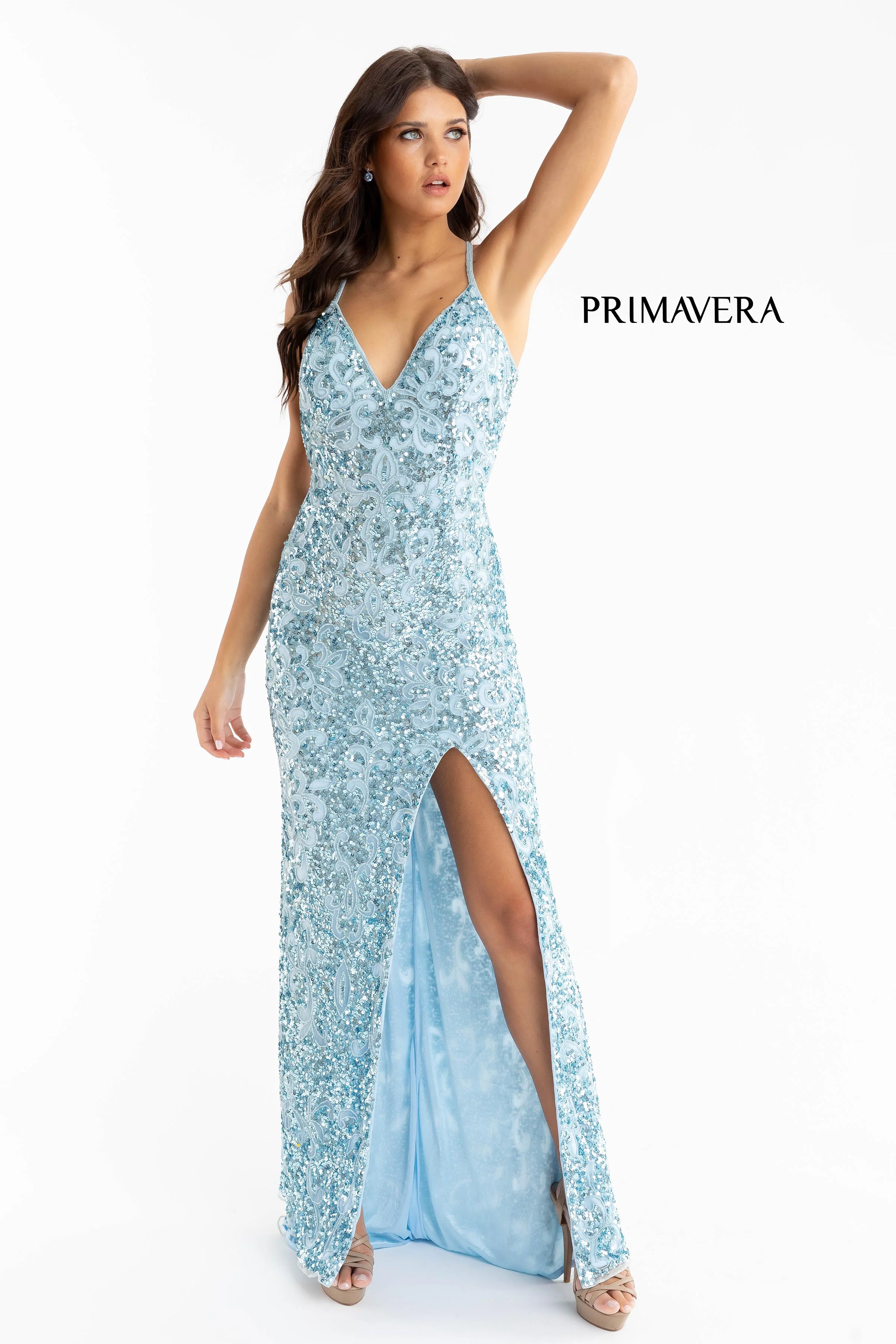 Primavera Couture 3295 Prom Dress V Neckline Sequins Backless Slit Formal Evening Gown - Image 66