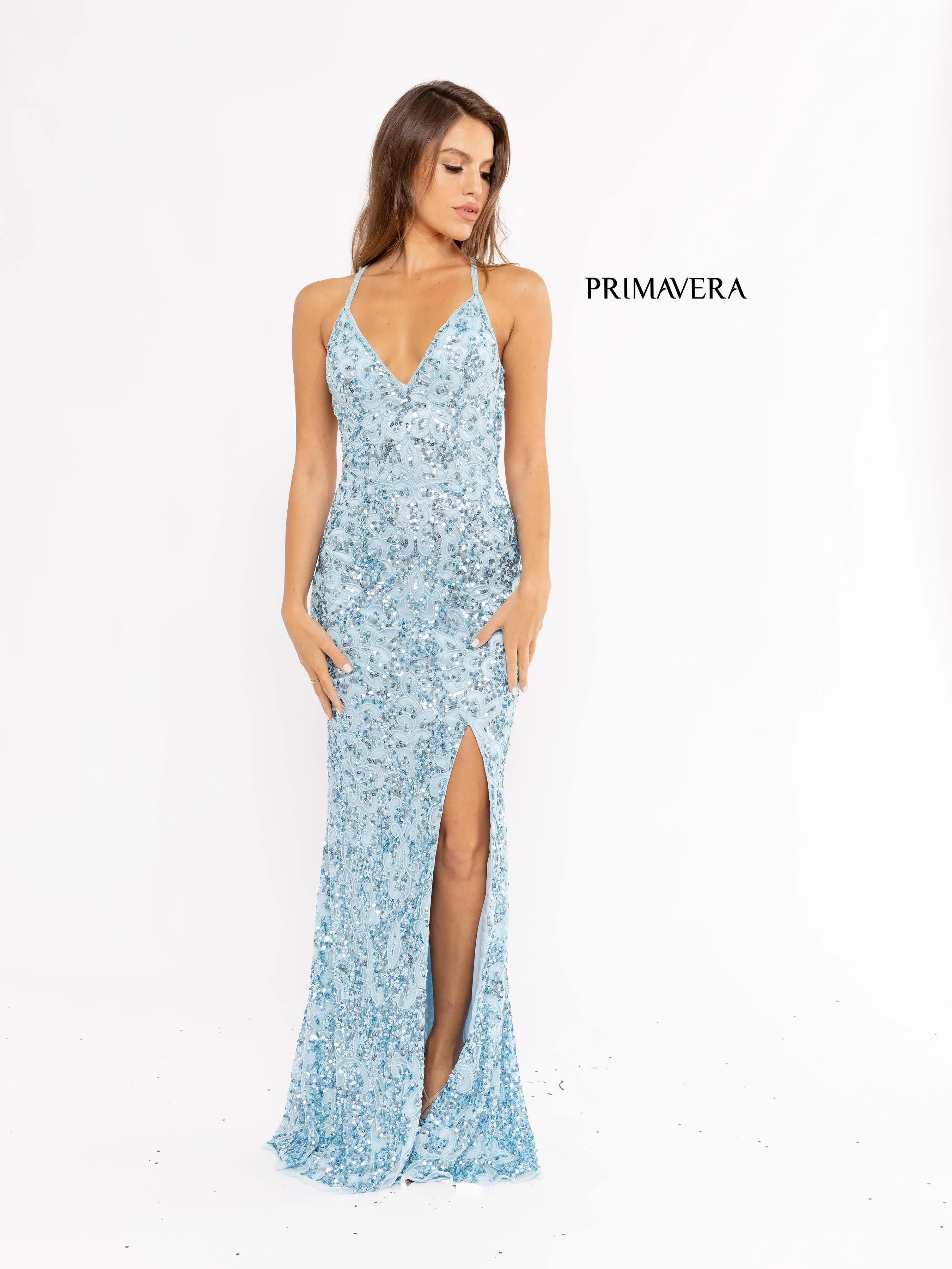 Primavera Couture 3295 Prom Dress V Neckline Sequins Backless Slit Formal Evening Gown - Image 67