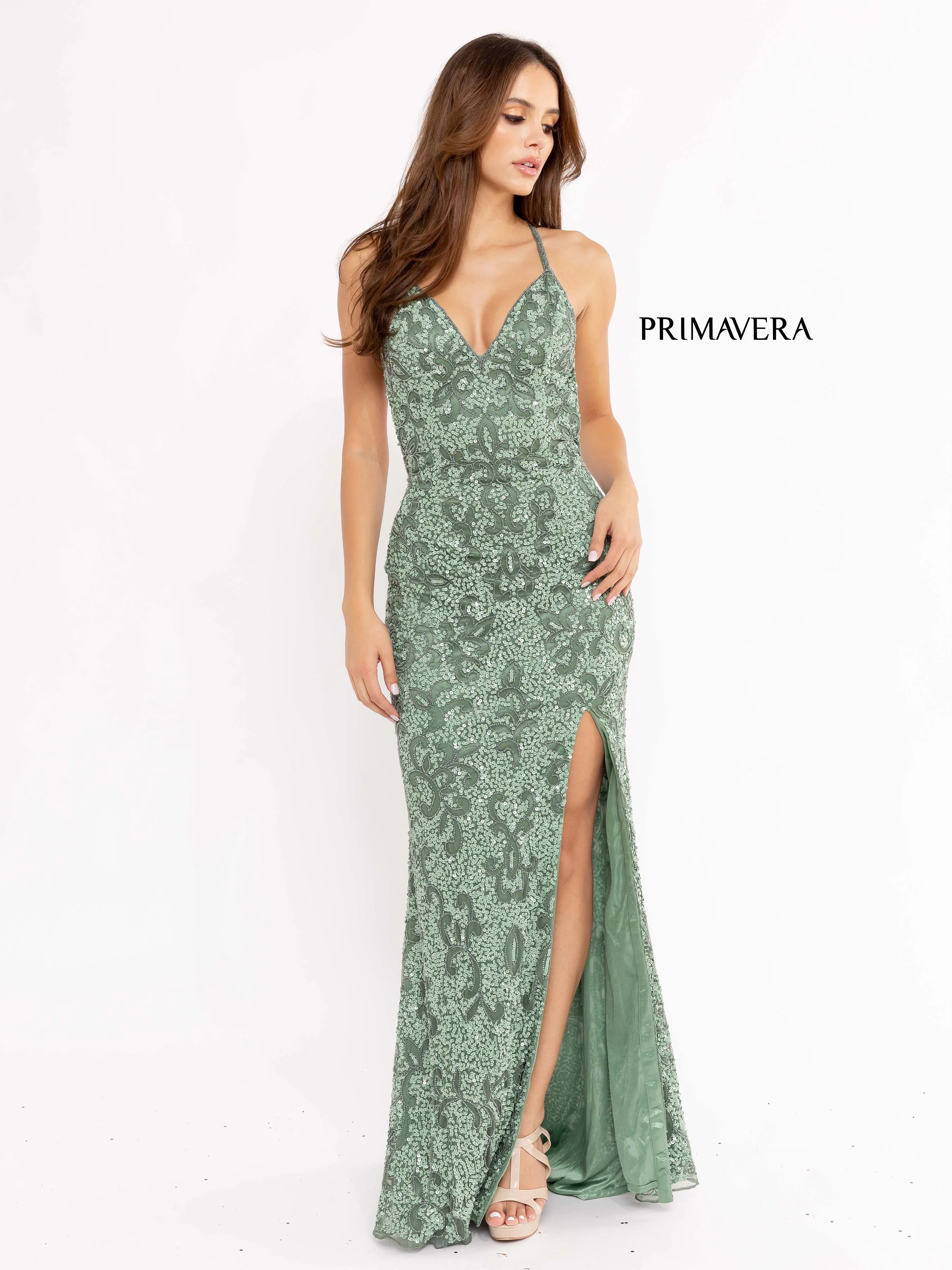Primavera Couture 3295 Prom Dress V Neckline Sequins Backless Slit Formal Evening Gown - Image 75
