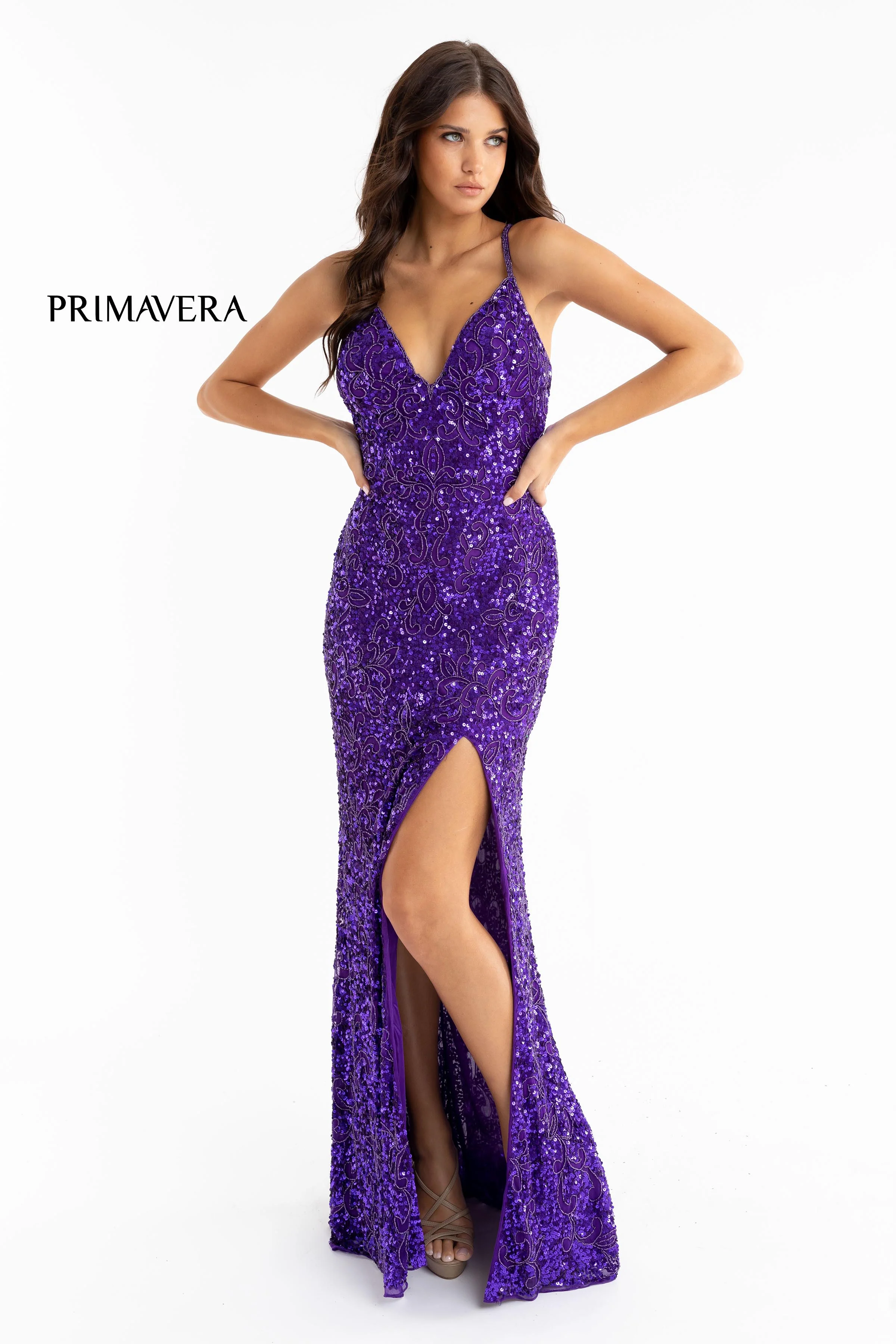 Primavera Couture 3295 Prom Dress V Neckline Sequins Backless Slit Formal Evening Gown - Image 77