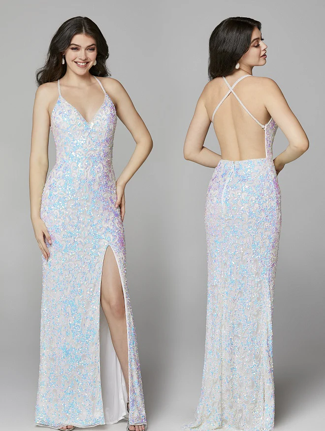 Primavera Couture 3295 Size 0, 4, 8 Ivory Prom Dress V Neckline Sequins Backless Slit Formal Evening Gown - Image 4