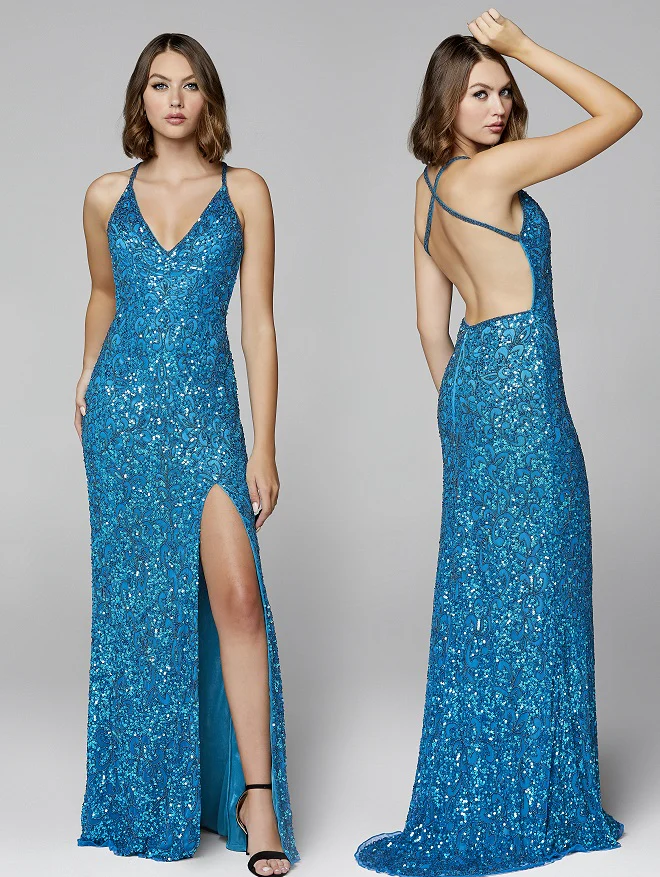 Primavera Couture 3295 Size 6 Neon Coral Prom Dress V Neckline Sequins Backless Slit Formal Evening Gown - Image 18