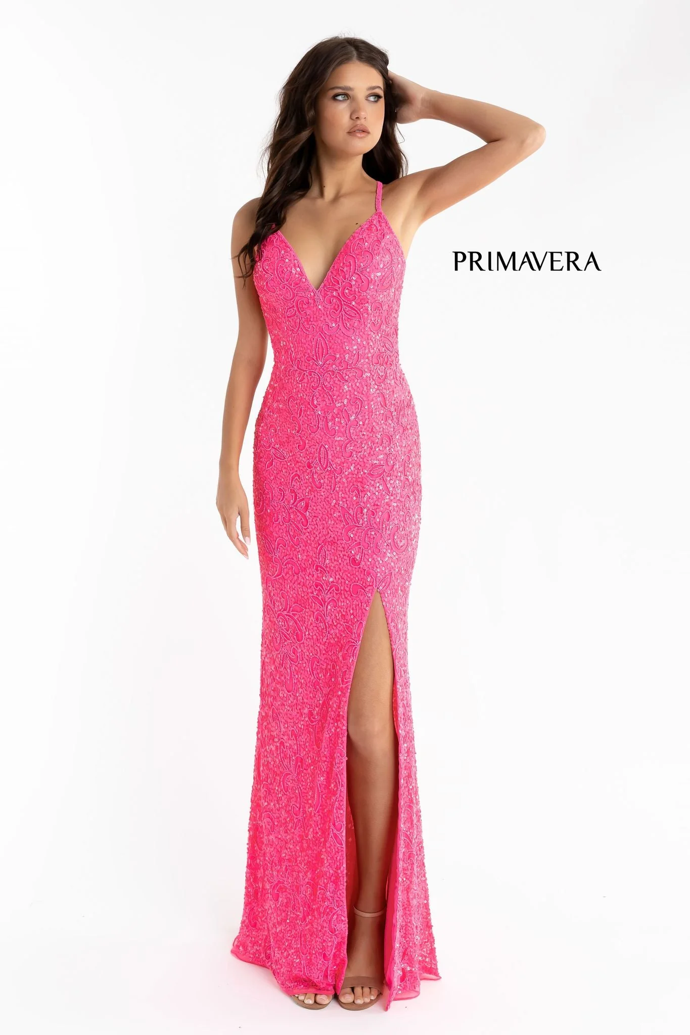 Primavera Couture 3295 Size 6 Neon Coral Prom Dress V Neckline Sequins Backless Slit Formal Evening Gown - Image 49