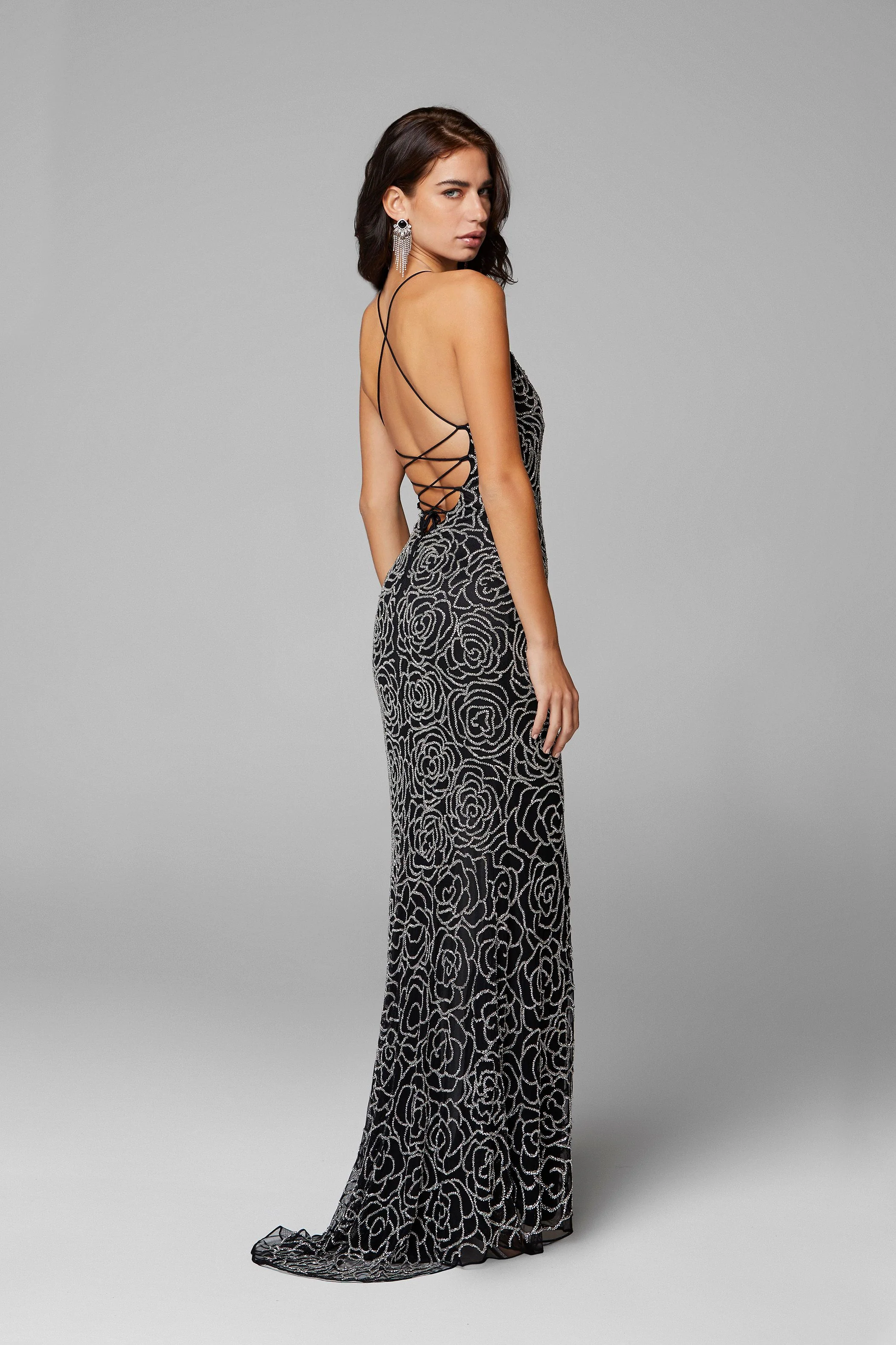 Primavera Couture 3638 size 8 Black Silver Floral Beaded Prom Dress Backless Formal Corset - Image 48