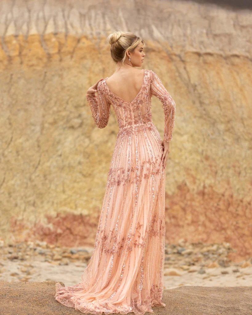 Primavera Couture 3685 size 18 beaded A line evening gown long sleeved bateau neckline - Image 3