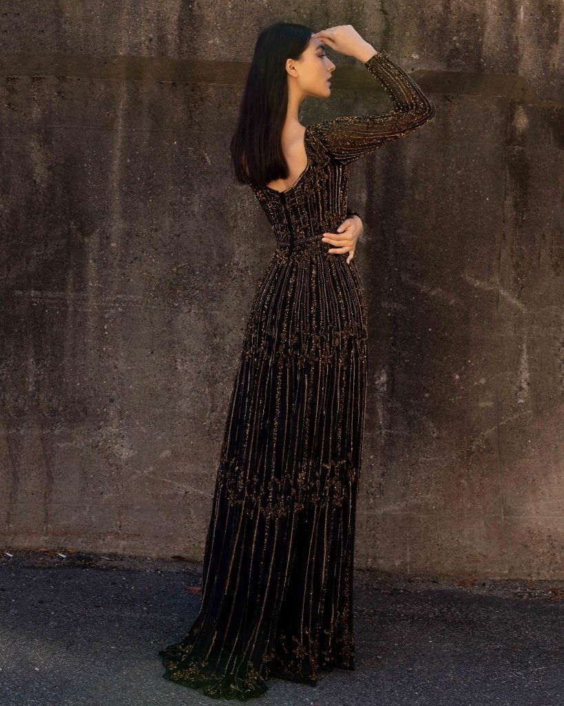 Primavera Couture 3685 size 18 beaded A line evening gown long sleeved bateau neckline - Image 5