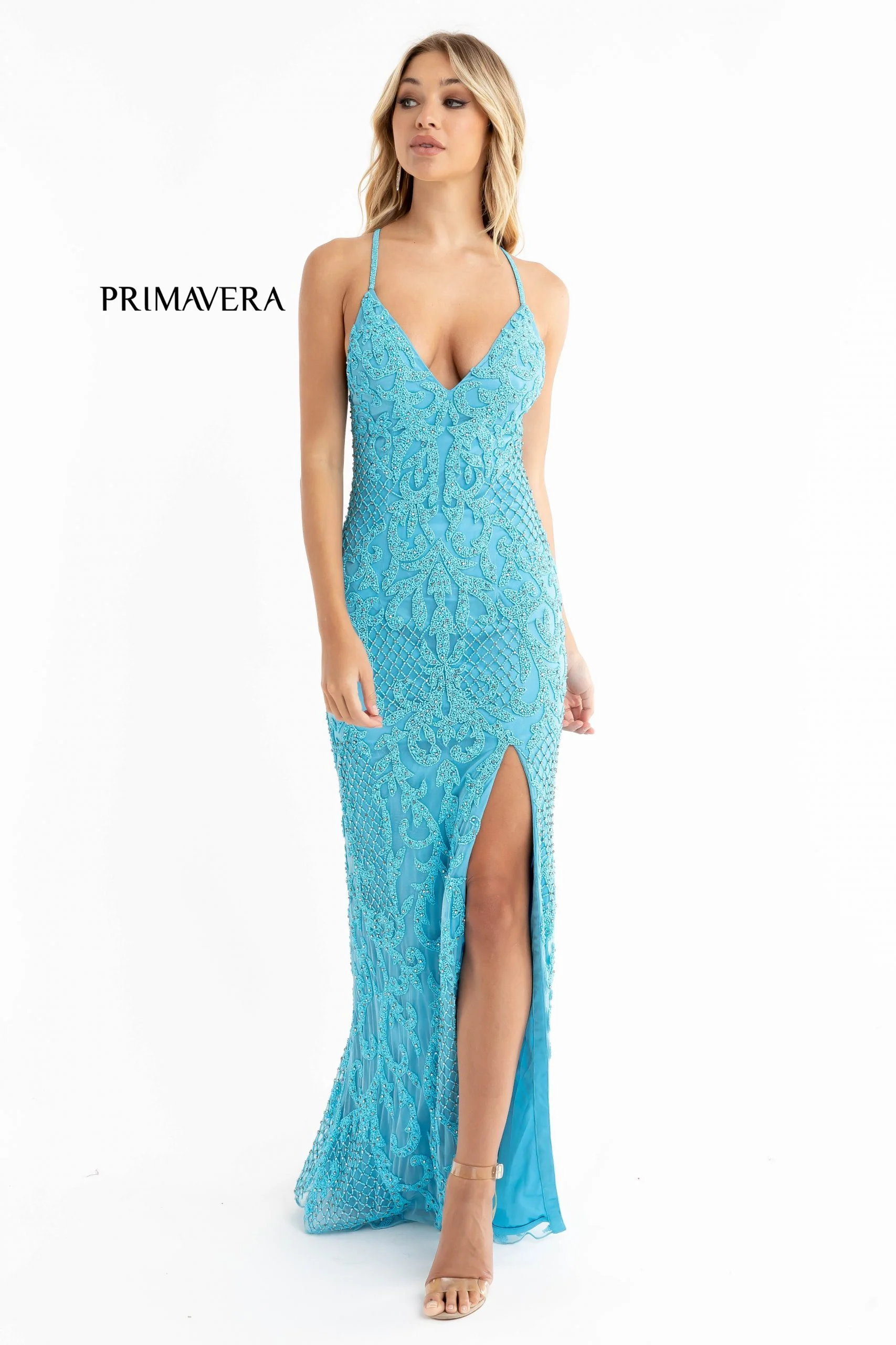 Primavera Couture 3721 Size 8 Beaded Prom Dress V Neckline Slit Crisscross Open Back - Image 10