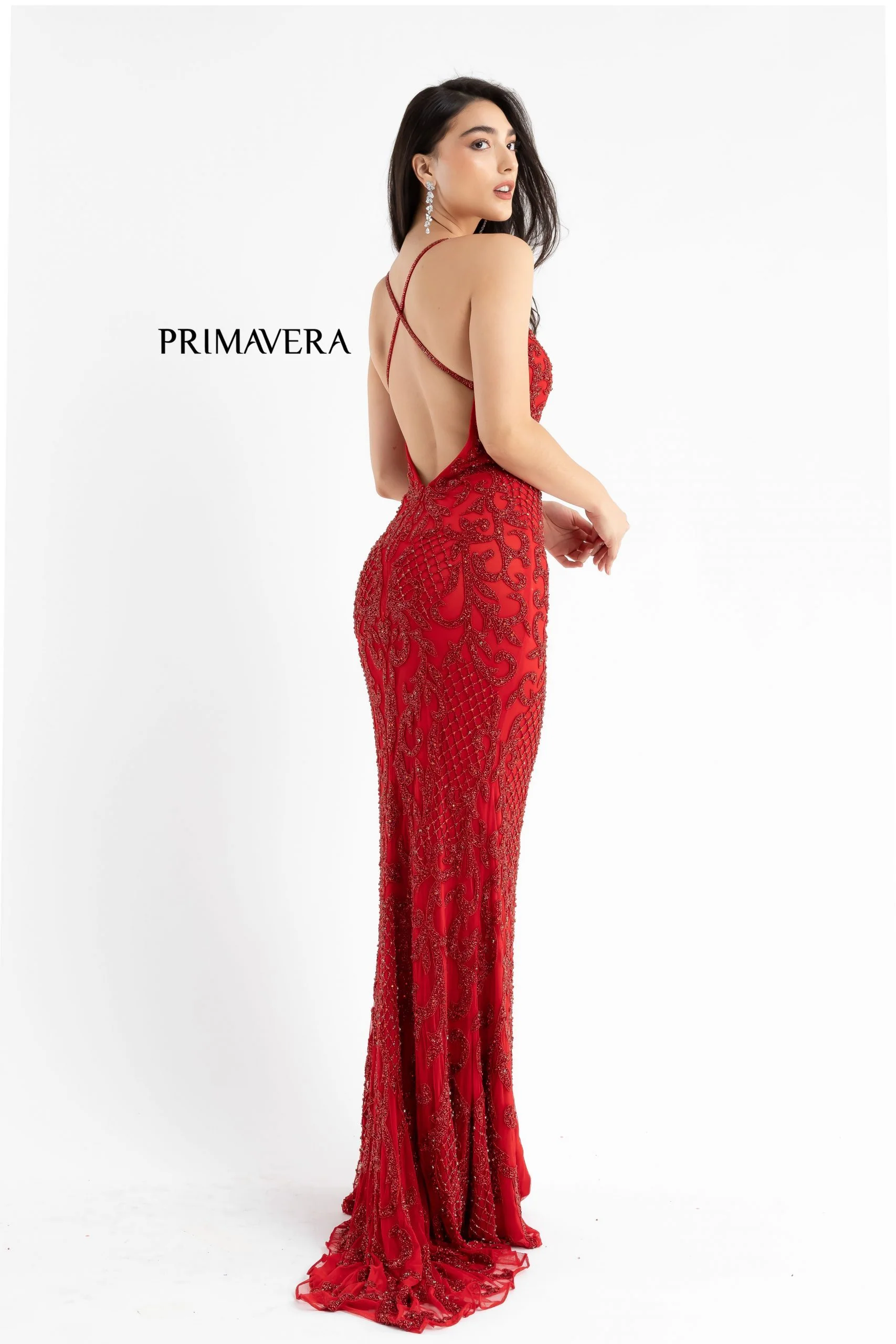 Primavera Couture 3721 Size 8 Beaded Prom Dress V Neckline Slit Crisscross Open Back - Image 2