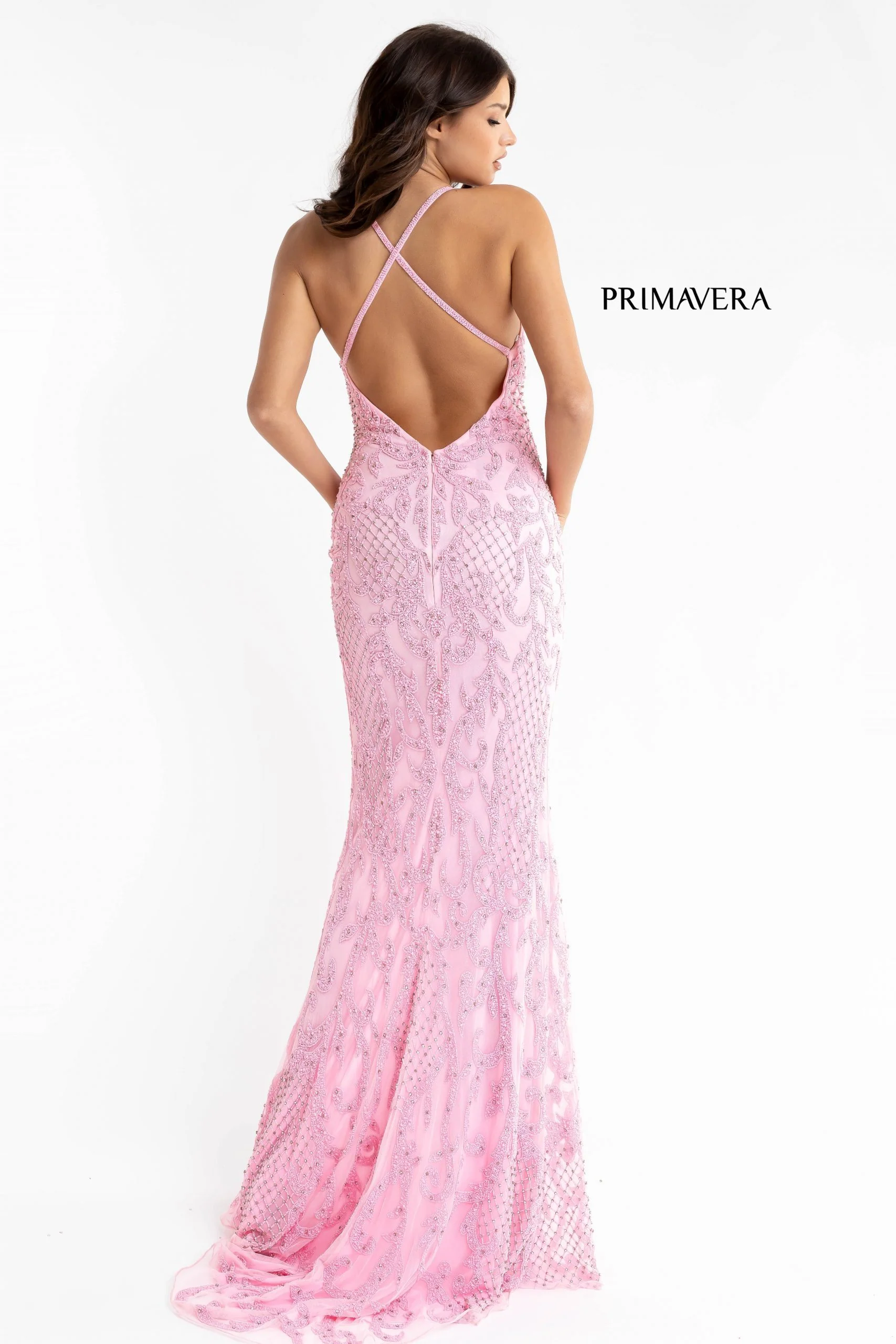 Primavera Couture 3721 Size 8 Beaded Prom Dress V Neckline Slit Crisscross Open Back - Image 20