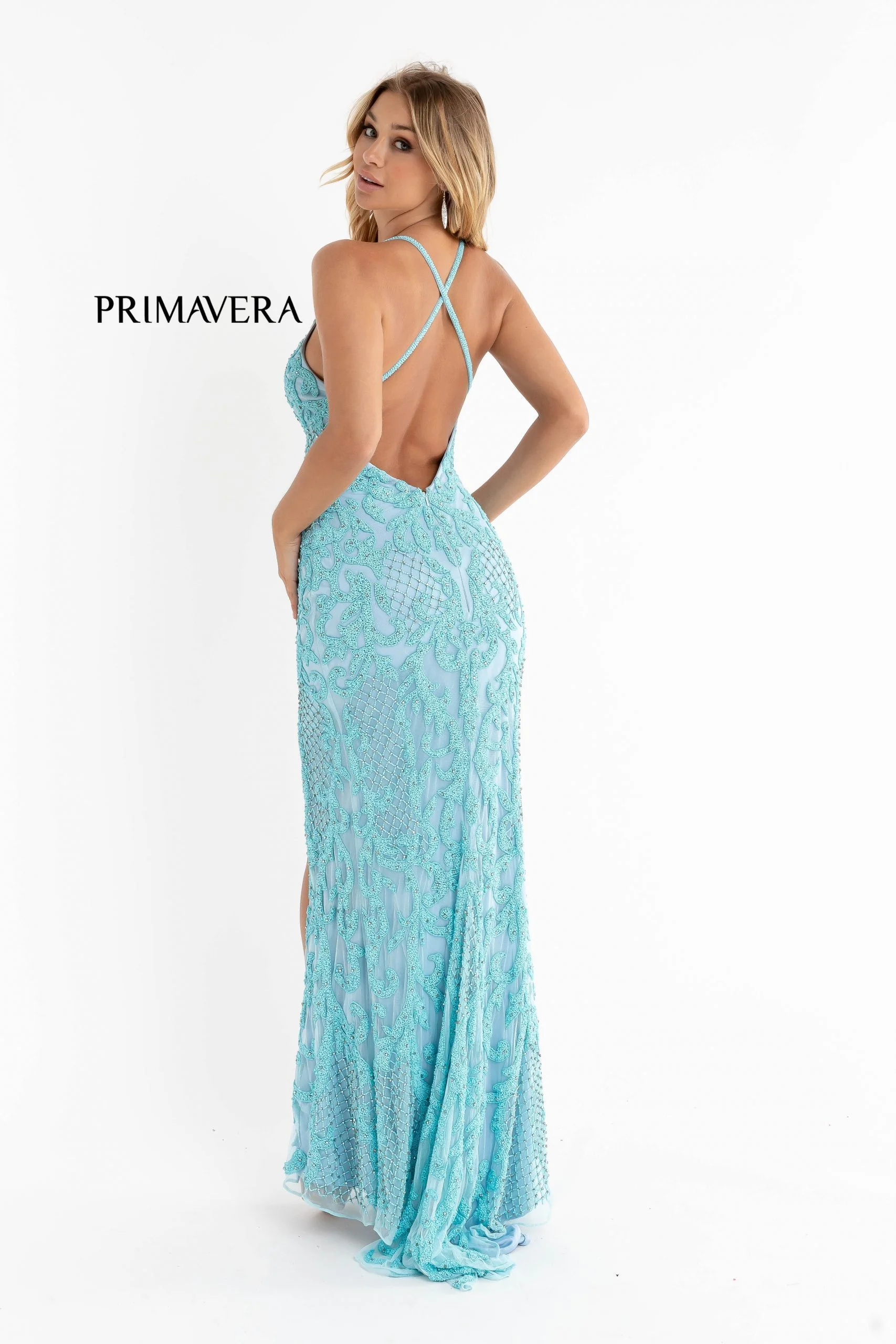 Primavera Couture 3721 Size 8 Beaded Prom Dress V Neckline Slit Crisscross Open Back - Image 24