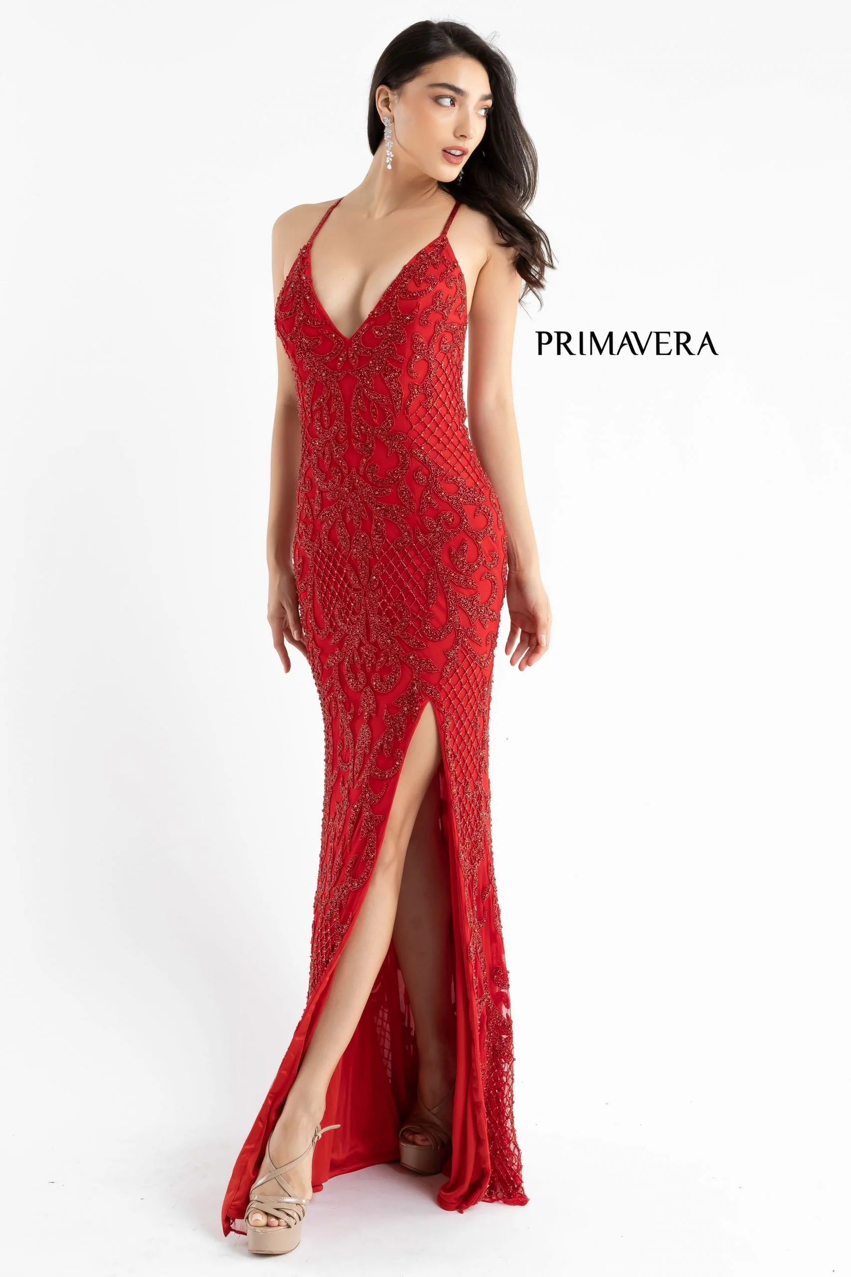 Primavera Couture 3721 Size 8 Beaded Prom Dress V Neckline Slit Crisscross Open Back - Image 3
