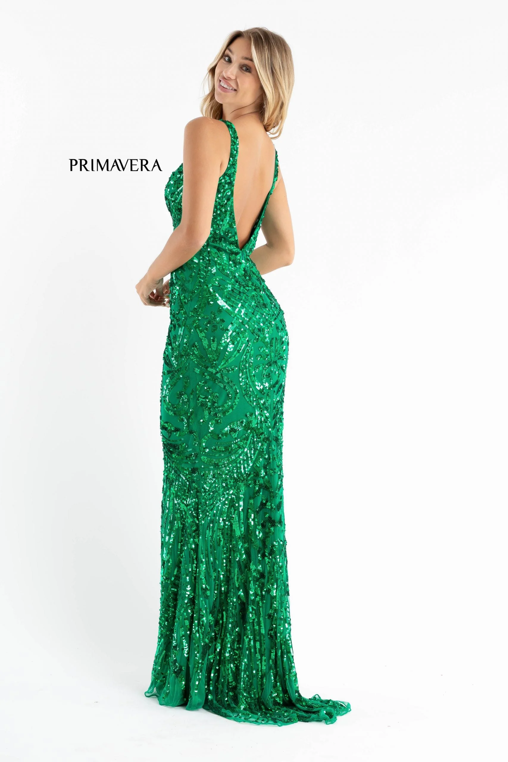 Primavera Couture 3722 Size 00 Coral Iridescent Prom Dress V Neckline V Back Long Sequins Evening Gown - Image 11