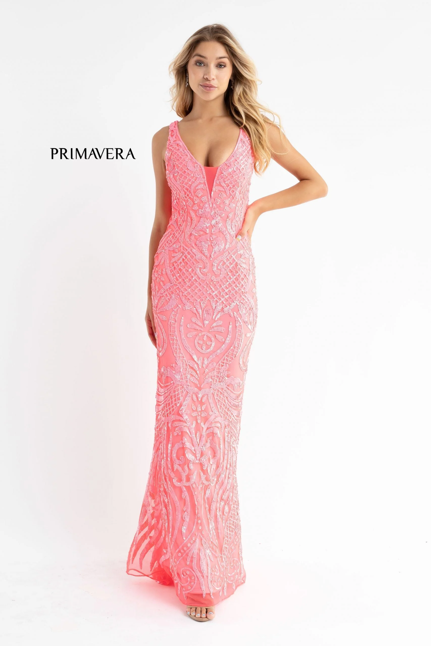 Primavera Couture 3722 Size 00 Coral Iridescent Prom Dress V Neckline V Back Long Sequins Evening Gown - Image 18