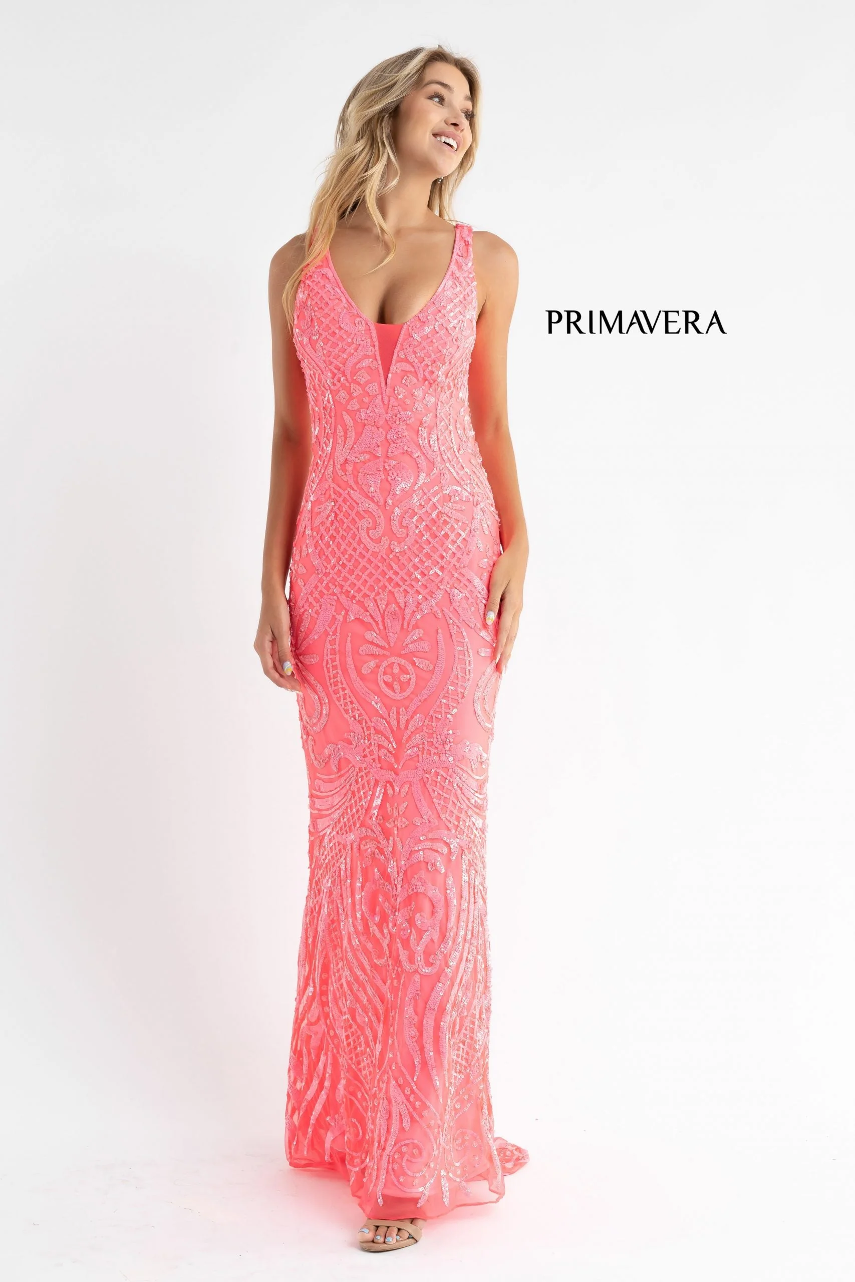 Primavera Couture 3722 Size 00 Coral Iridescent Prom Dress V Neckline V Back Long Sequins Evening Gown - Image 19